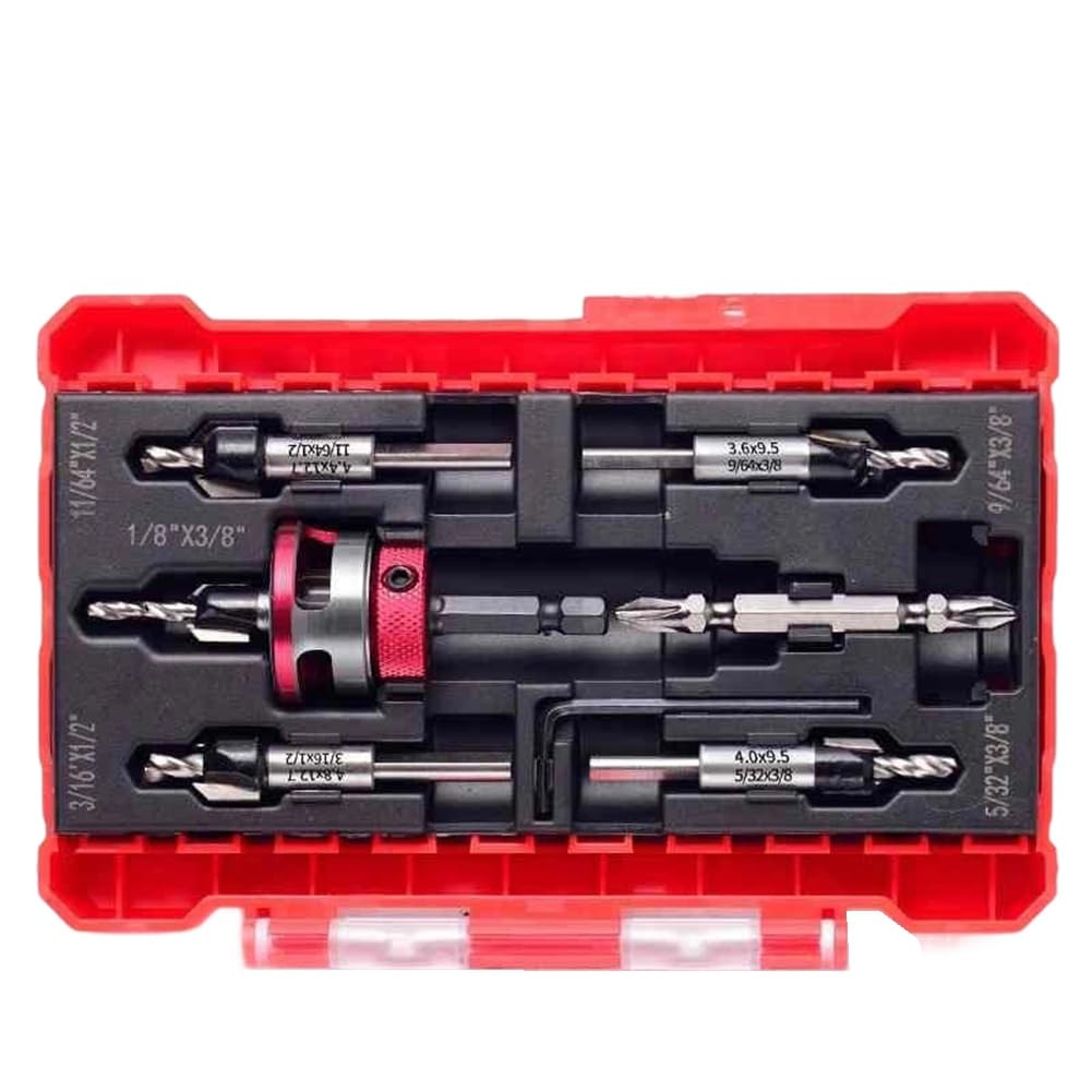 Aundhegrtt Red Woodworking Countersunk Drill Bit Set, Hex Shank With Depth Limiter, Countersunk Drill Bits Included A
