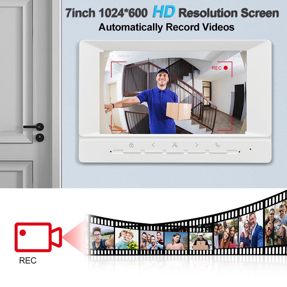 Videoportero WiFi 4 Hilos 1080P HD Timbre con Cámara Sistema de Intercomunicación con 7" Monitor Visión Nocturna Tuya App Desbloqueo Remoto