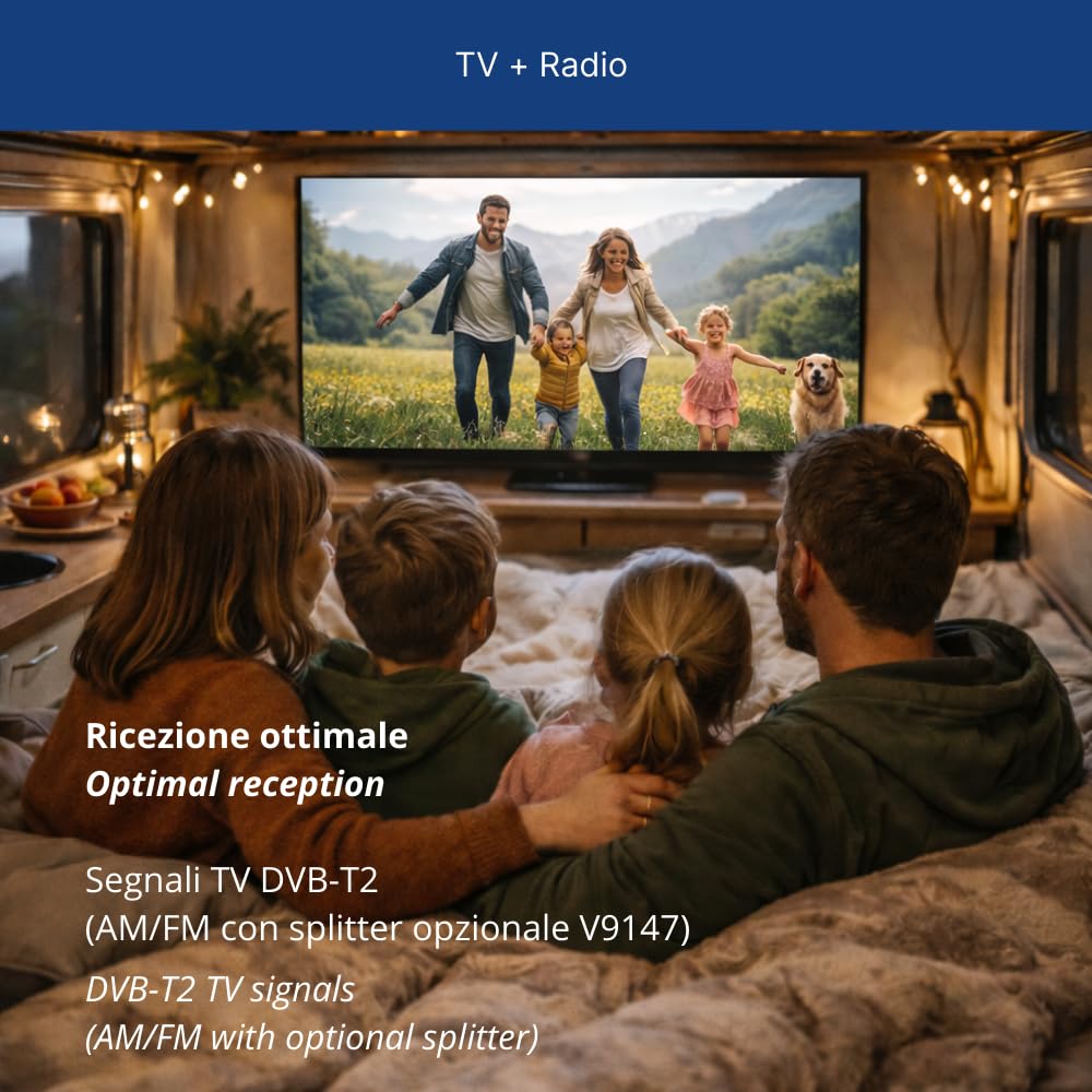 Glomex – Antenna TV/FM/DAB "Oasis AGC Black" Ø25cm (Nero), Modello T480AGC/BK – Amplificatore Automatico, Kit Tetto, Per Veicoli da Viaggio (Camper, Van) – Stile Moderno FULL HD