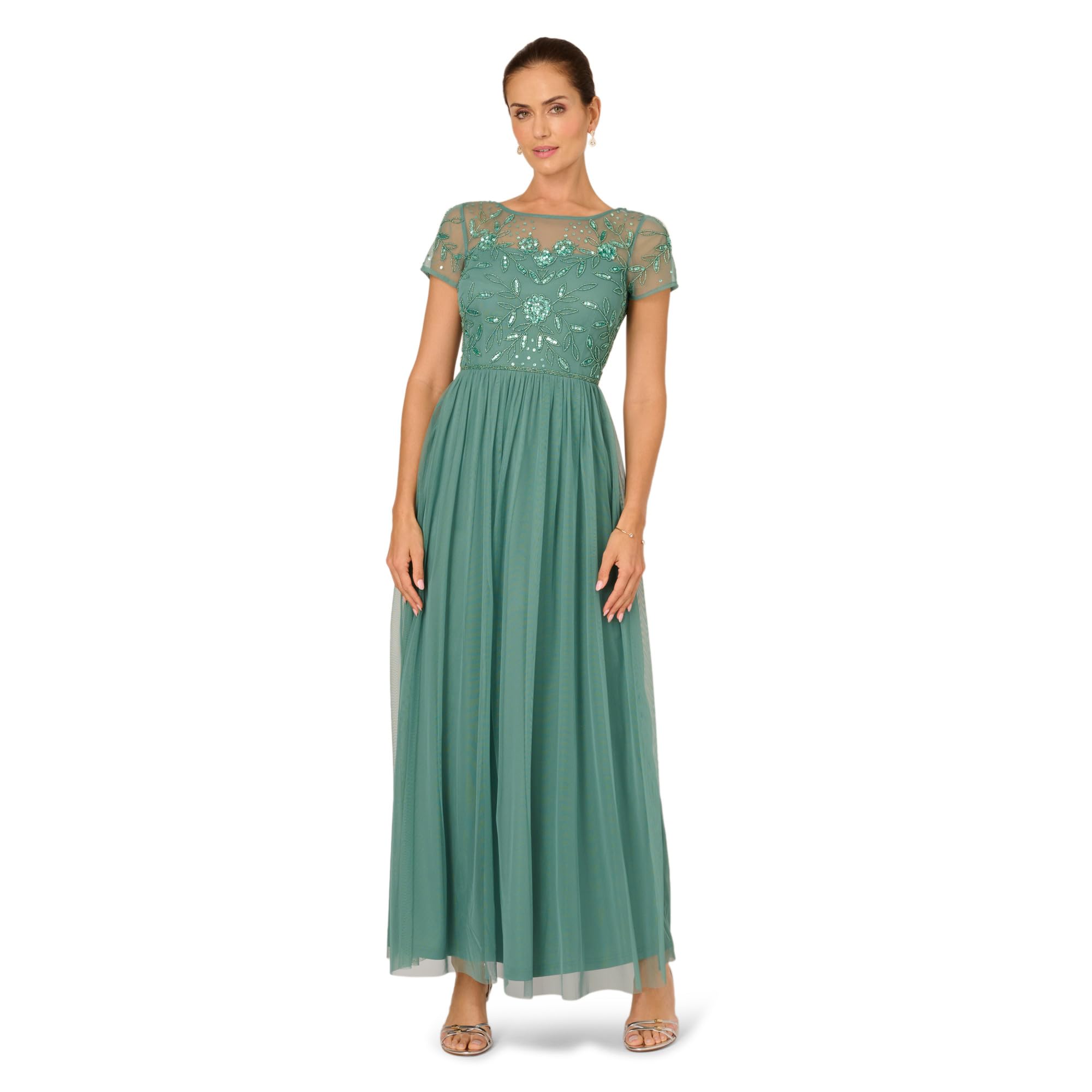Adrianna Papell Beaded Mesh Shirred Dress, ICY Sage, Green Slate, 18