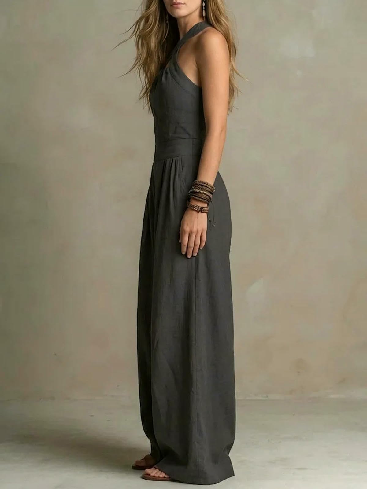 Mono De Verano Mono Casual De Verano con Cuello Cruzado, Cintura Ajustada Y Espalda Descubierta, Perneras Anchas.