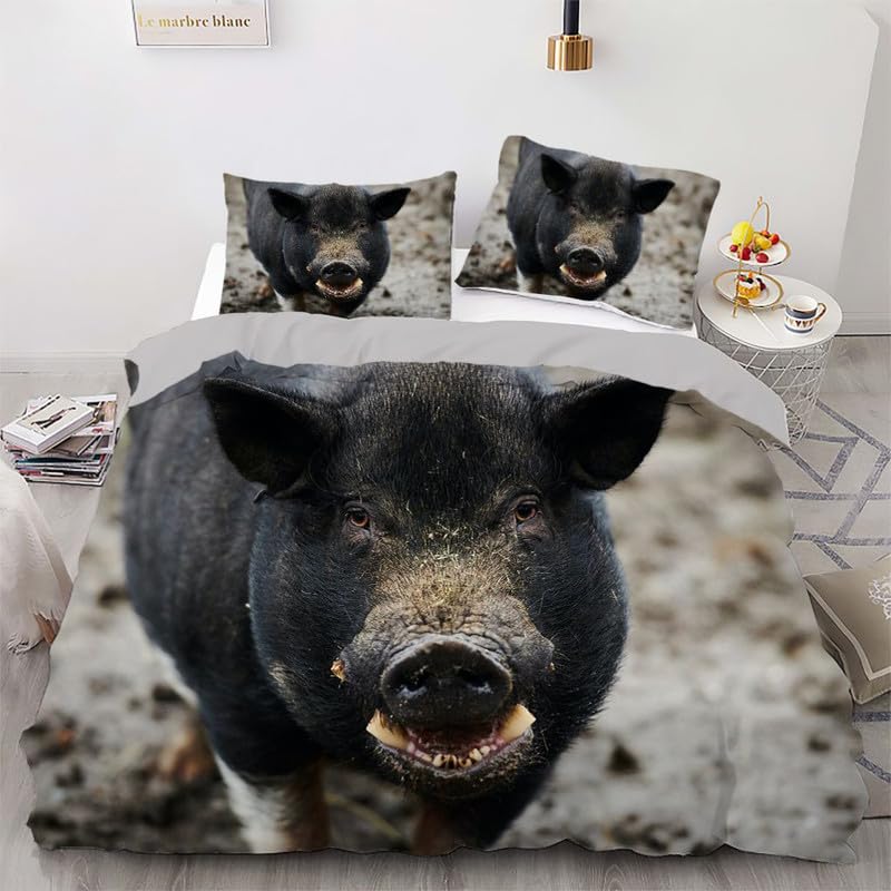 Housse de couette 90x190 cochon gris avec sa taie d'oreiller 65x65 pour lit enfant