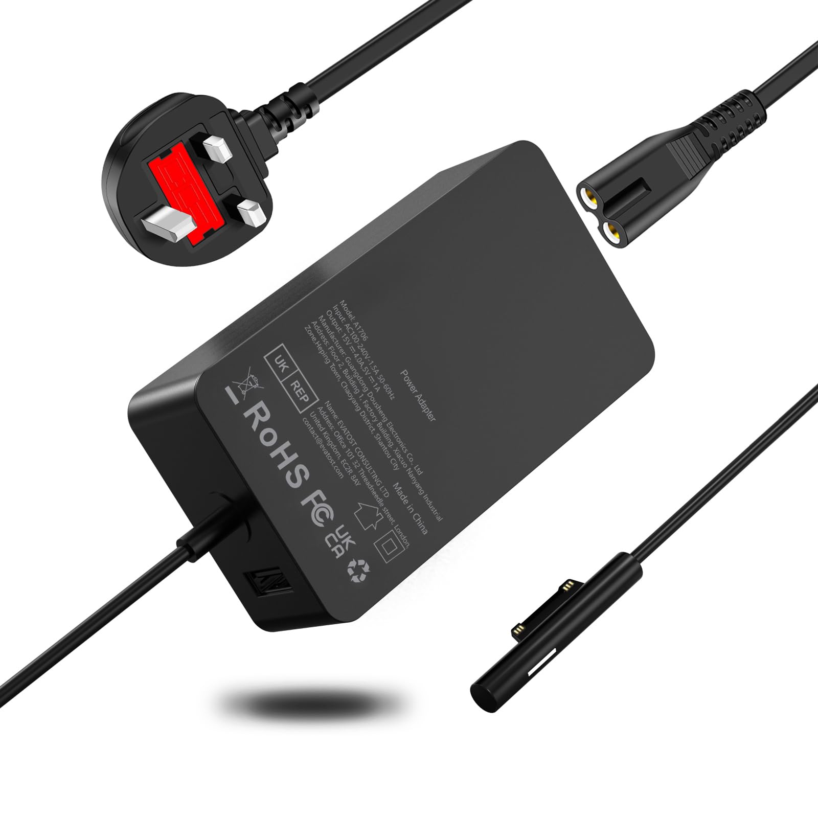 65W Surface Pro Charger for Microsoft Surface Charger 11/10/9/8/7+/7/6/5/4/3/X, Windows Surface Laptop 7/6/5/4/3/2/1/Studio, Surface Go 4/3/2, Surface Book 3/2/1, Model 1706 with USB Port