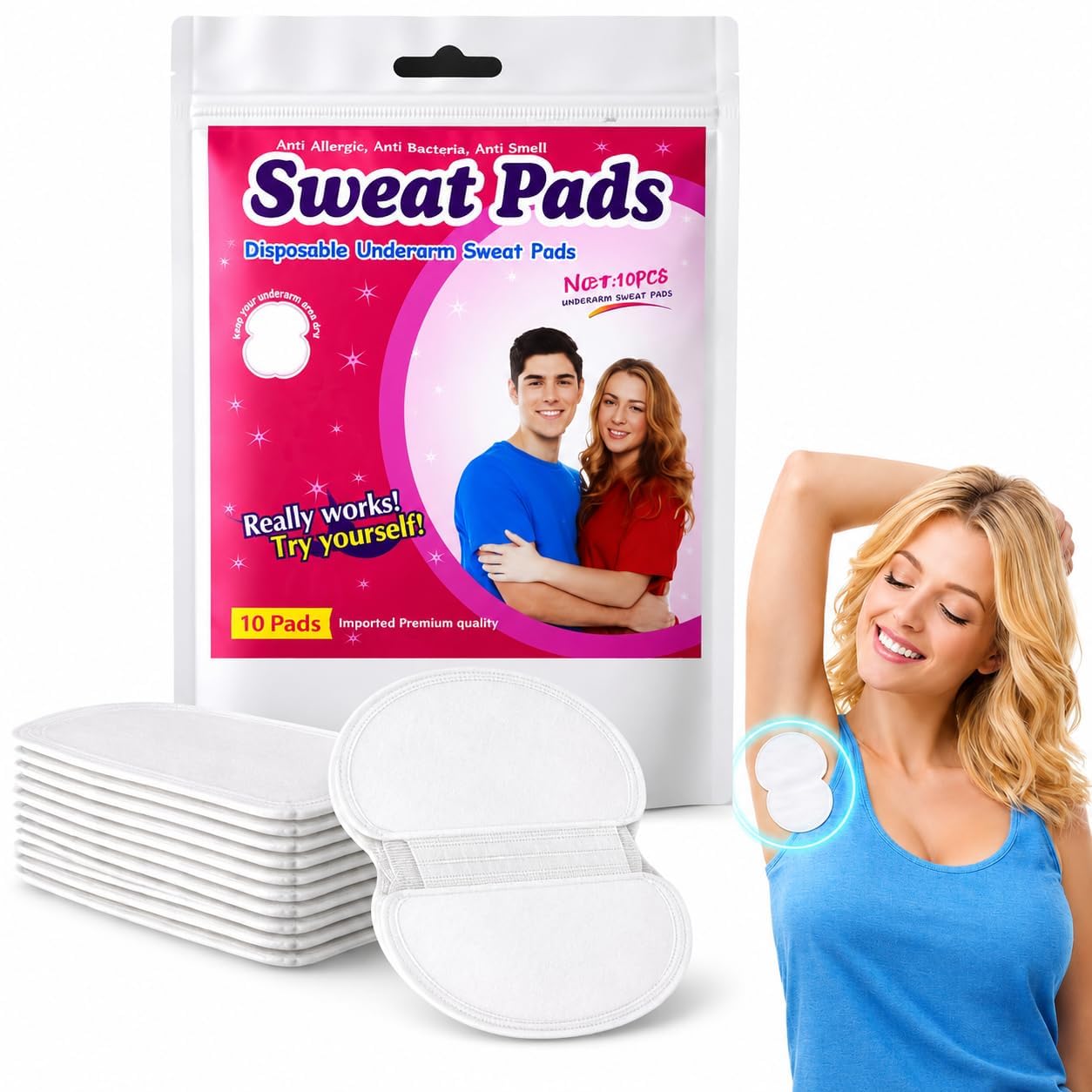 Disposable Underarm Sweat Pads for Men and Women, Pack of 10