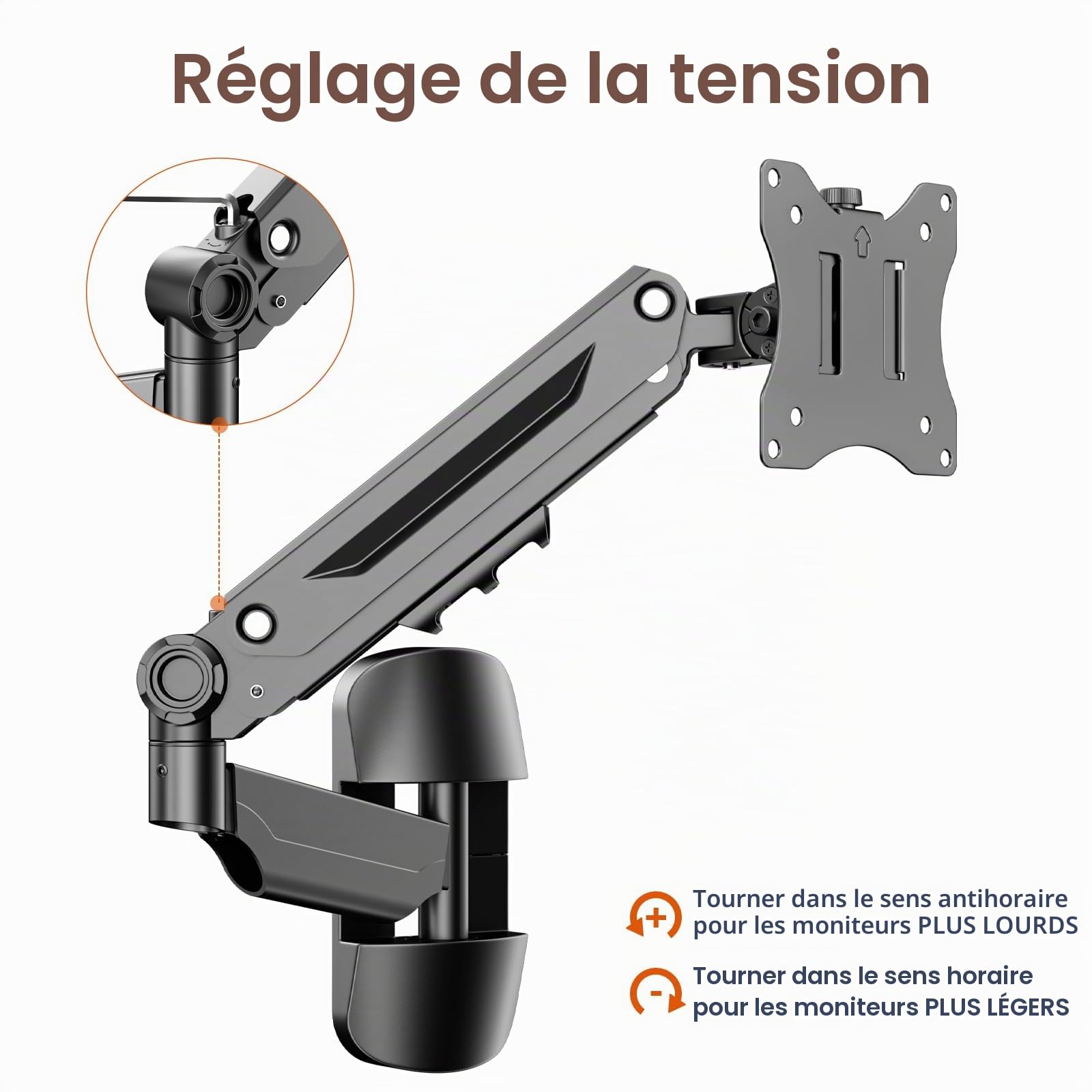 PUTORSEN Support Mural Ecran PC de 17-42 Pouces Écran PC et TV, Bras Ecran PC, Support Ecran PC Mural, Inclinaison, Pivotement, Rotation et Hauteur Réglable, Load 12KG, VESA 75/100