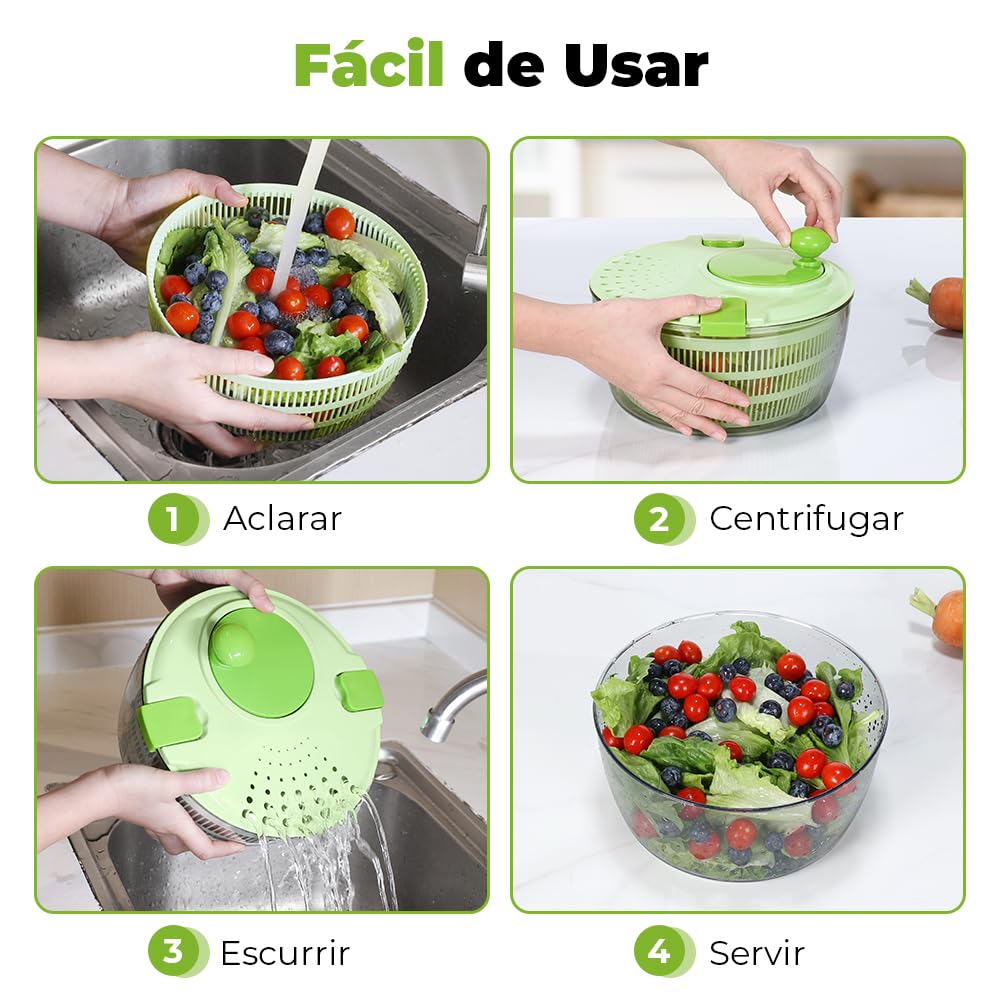 Centrifugadora Lechuga, Gran Capacidad 4,5L Escurridor Verduras, Escurridor Lechuga con Bol y Cesta de Malla, Lava y Seca Rápidamente Verduras y Frutas