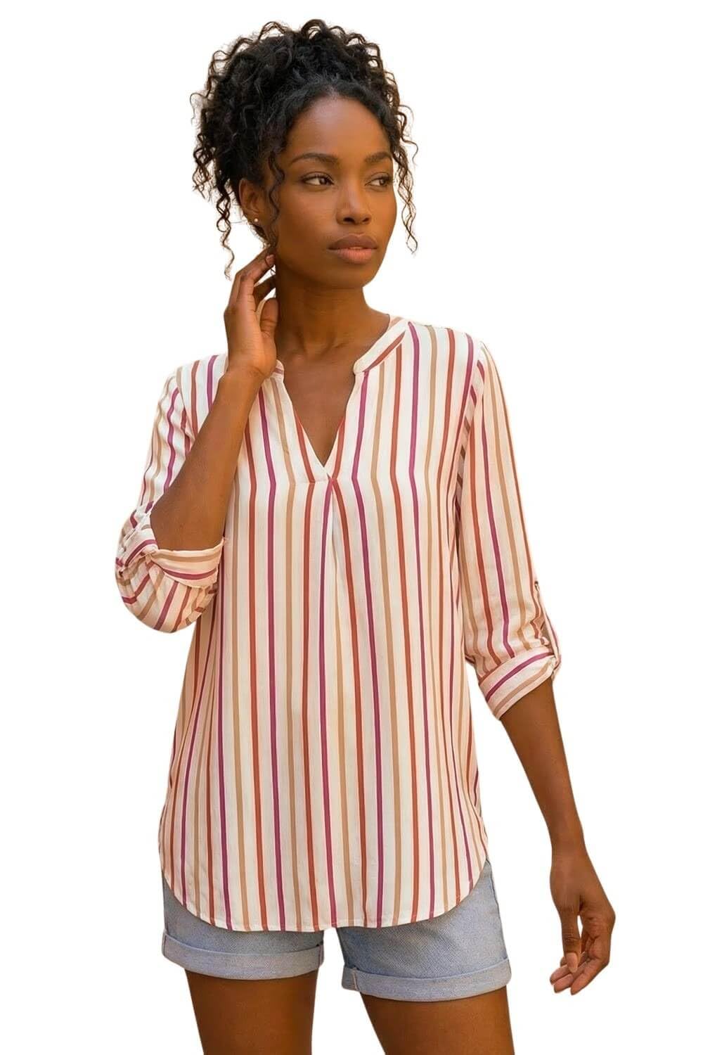 Roman Originals Leaf V Neck Stretch Jersey Top for Women UK Ladies Pleated Shirt Notch V Neck Blouse Summer Tunic Pull-On Soft Evening Holiday Work Party Everyday - Pink Multi - Size 12