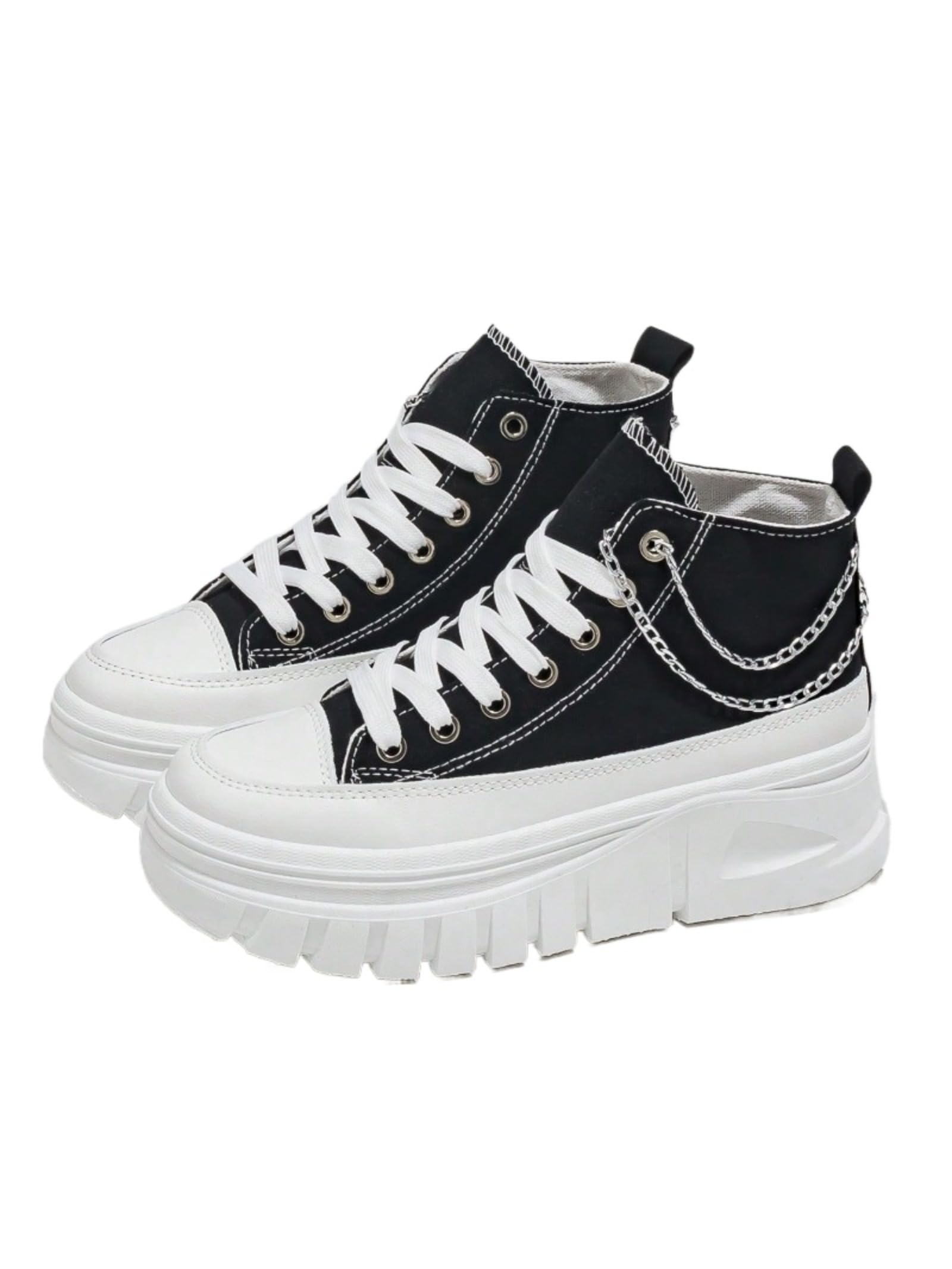 Minimalist Y2K Platform Sneakers Canvas Height Boost Board Shoes for Casual Streetwear Vacation Outfits with Silver Detachable Chain Unique Trendy