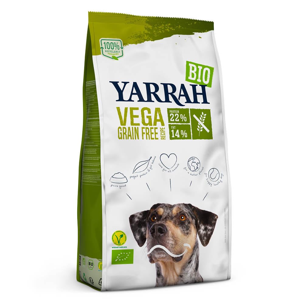 Yarrah Vega Grain-Free | Cibo secco vegetariano | Deliziose crocchette vegetariane senza cereali con soia, piselli, lupino bianco, baobab e alghe biologici per cani adulti | 10kg