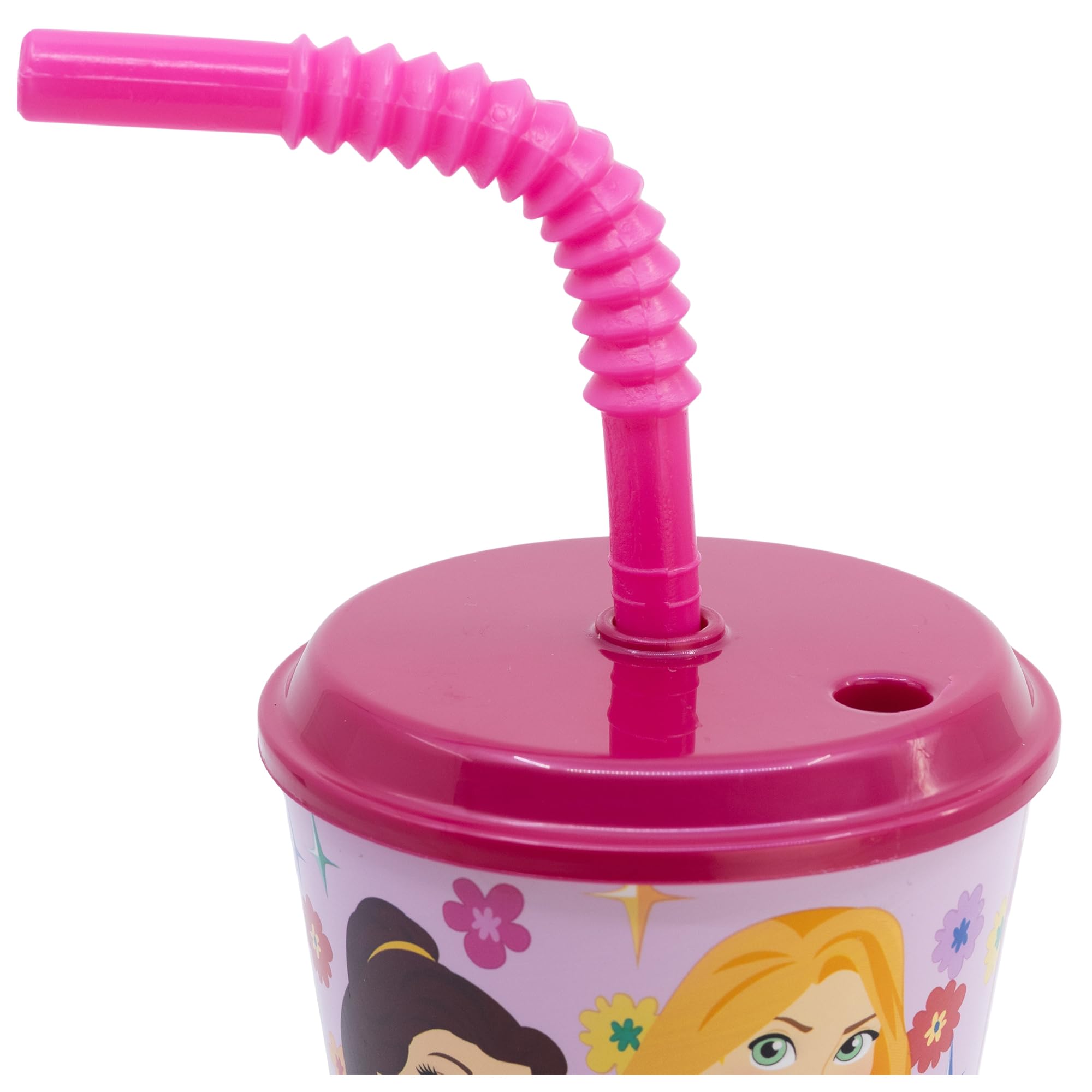 Stor Bicchiere Bambini con Coperchio e Cannuccia Principesse Disney 430ml - Bicchiere Riutilizzabile in Plastica Resistente - Anti-Goccia