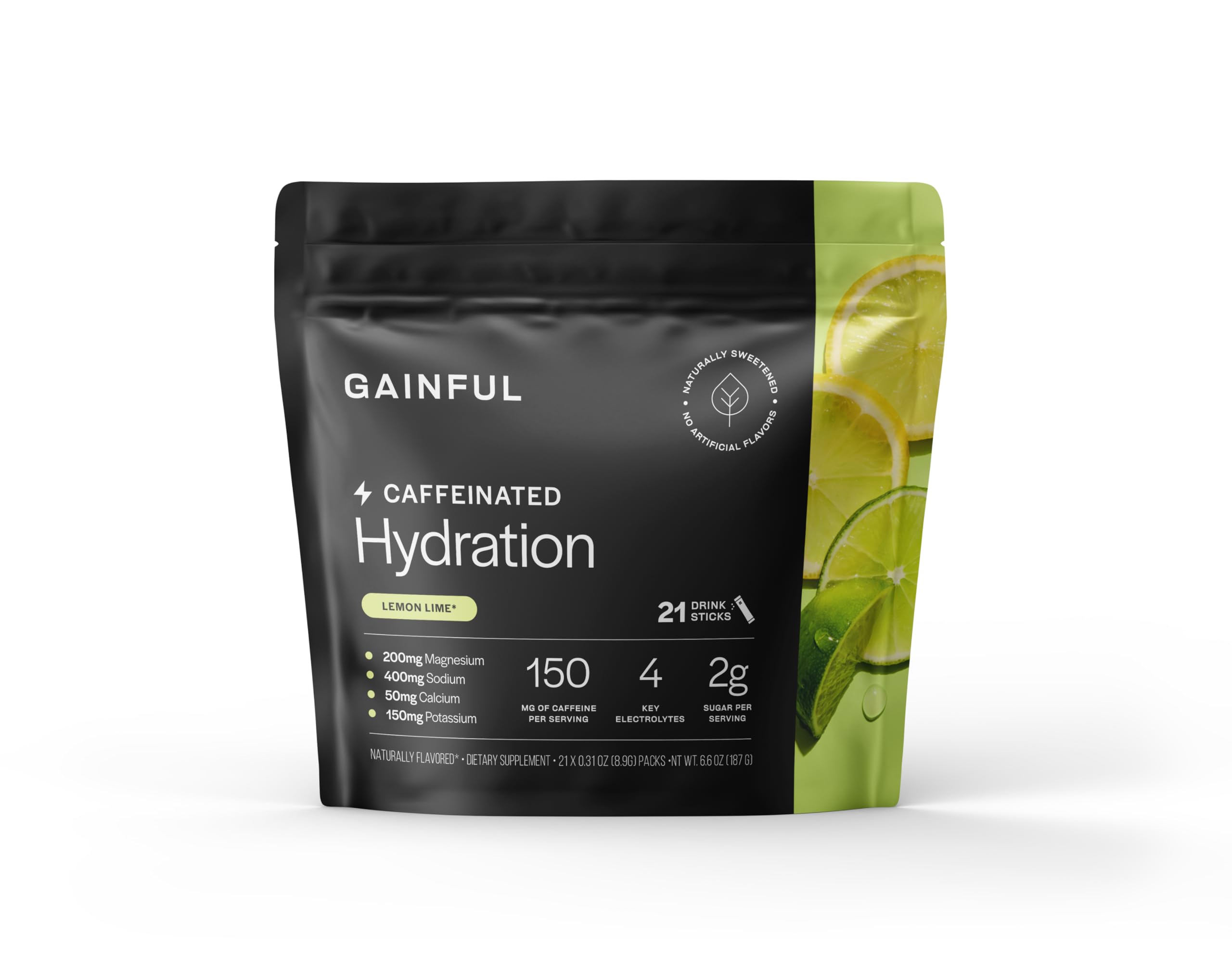 Hydration + Caffeine Packets with Key Electrolytes Magnesium & Sodium + L Theanine, Low Sugar Drink Mix, Lemon Lime, 21 Sticks