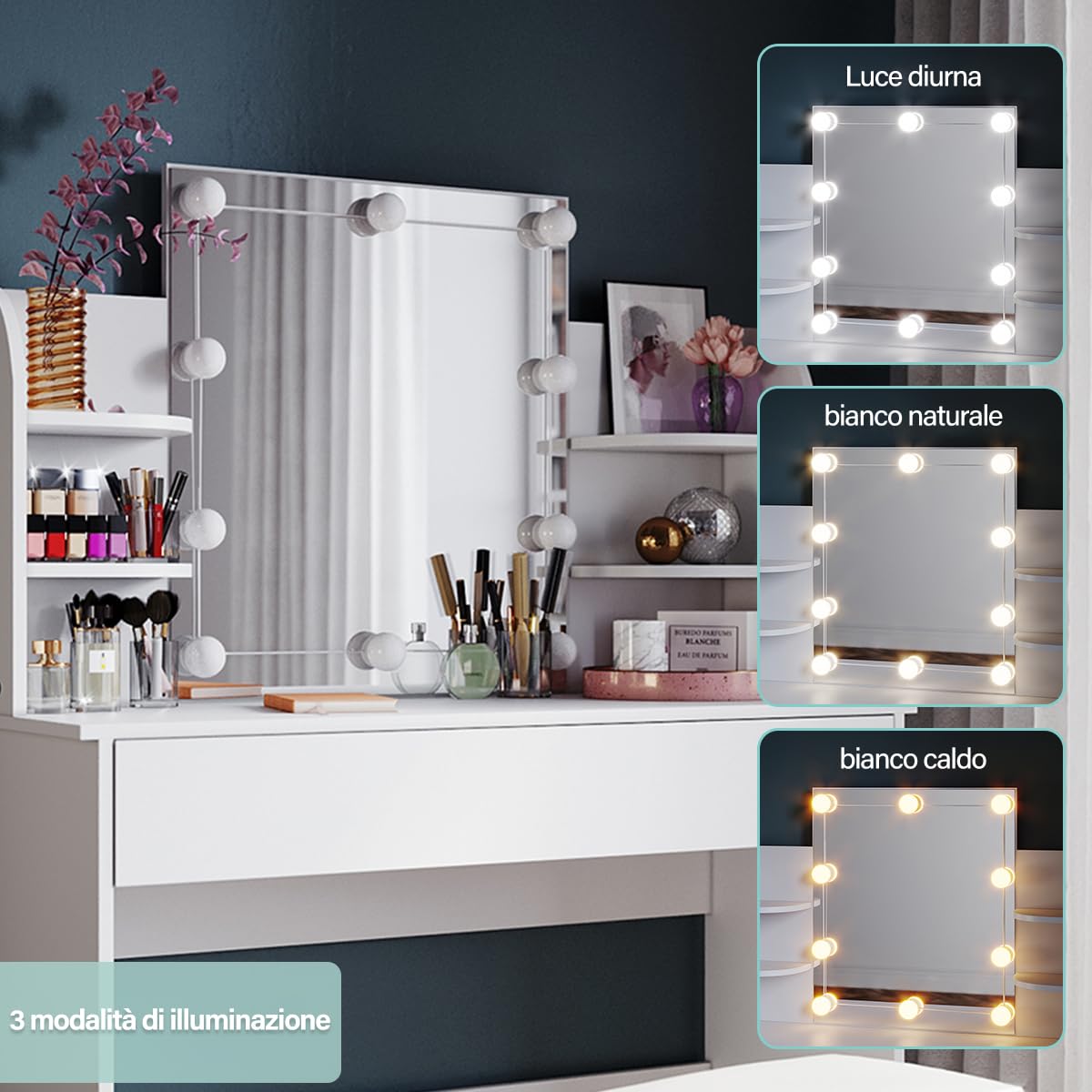 SONNI Toeletta Trucco con Luci, Tavolo da Trucco con Specchio e Sgabello,con Lampadine Luce a 3 Toni Luminosità Regolabile LED 108x40x140cm Bianco