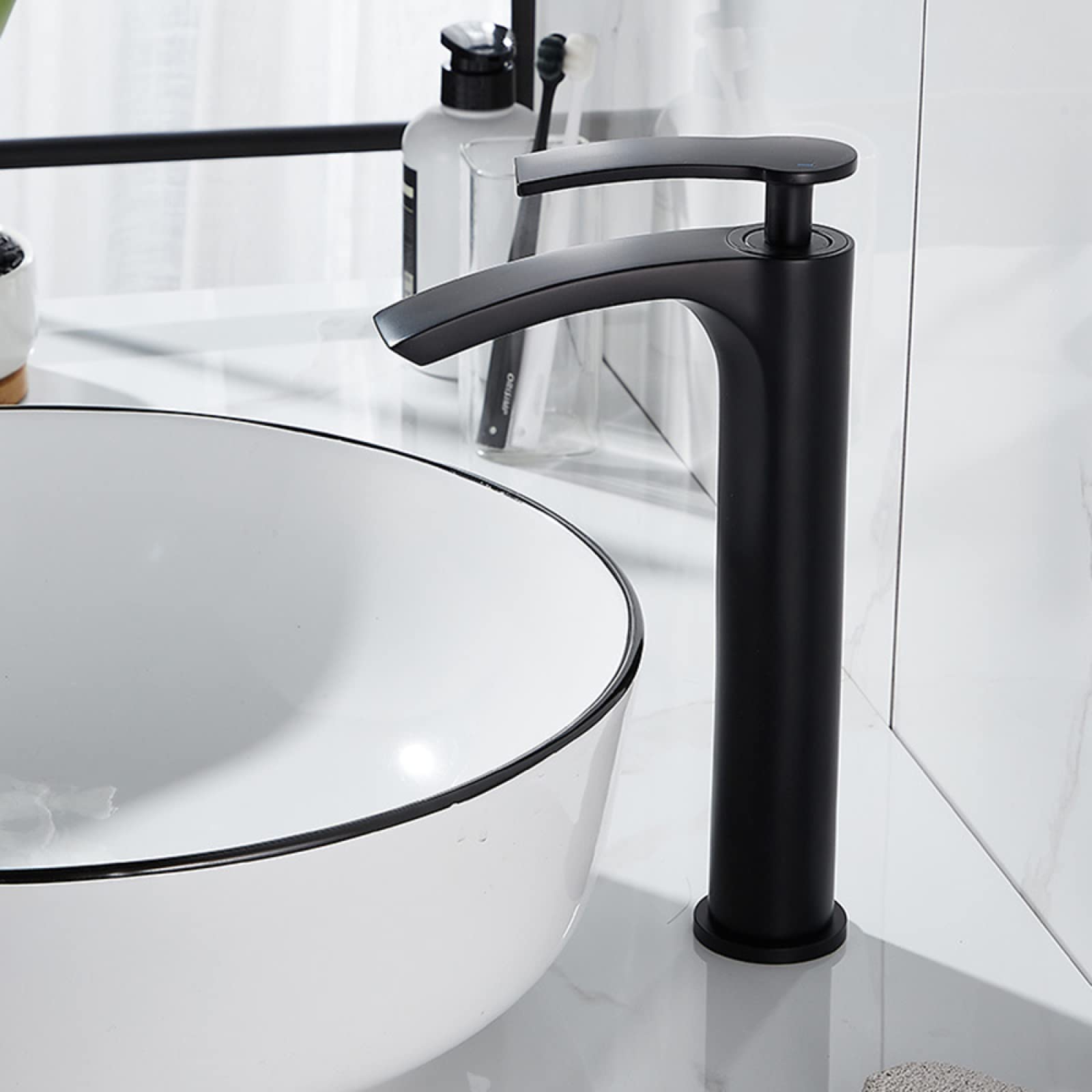 ZQFHSX Waterfall Faucet for Bathroom Sink, Brass, Basin Mixer Tap Hot and Cold Water, Single Handle Sink Faucets, Black, High(Nero,High) LWX