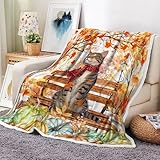 Fall Cat Throw Blankets, Autumn Pumpkin Maple Leaves Funny Thanksgiving Cozy Warm Bed Couch Blanket, Country Forest White Fleece Flannel Throws to Decorate The Room and Bedroom