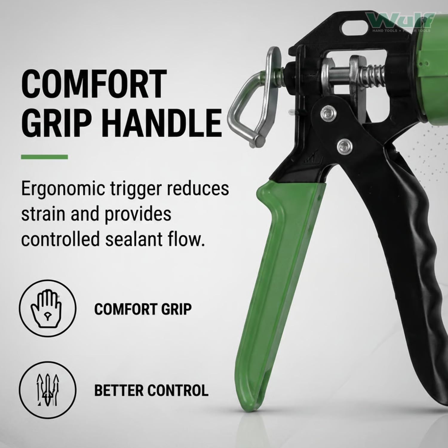 WULF 9 Inch Heavy Duty Silicone Sealant Gun | Steel Half-Open Caulking Gun for Standard Cartridges | Ideal for Bonding Glass, Metal, Ceramic & Wood | Smooth Trigger & Ergonomic Handle Design 4