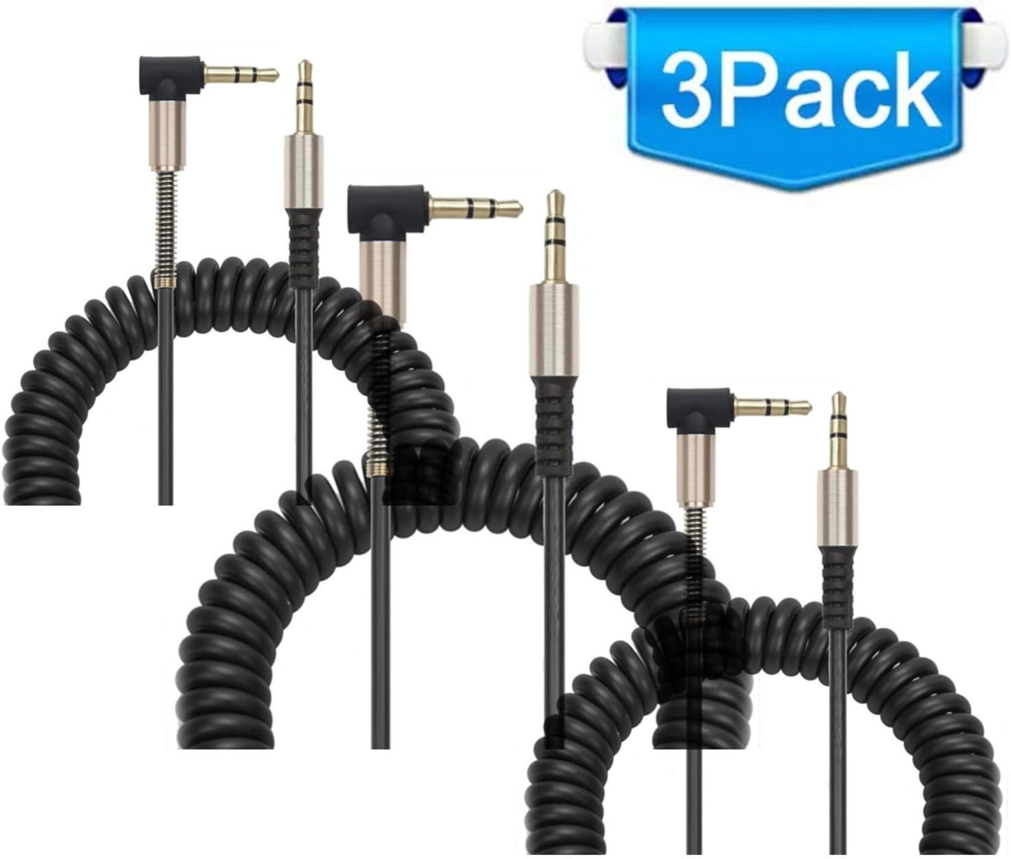 3-Pack of 1-5ft 90 Degree Coiled 3.5mm Audio Cable, 3.5mm Aux Cable Compatible with iPhones, iPads, Samsung and Other 3.5mm DC Plug Port Device, Black