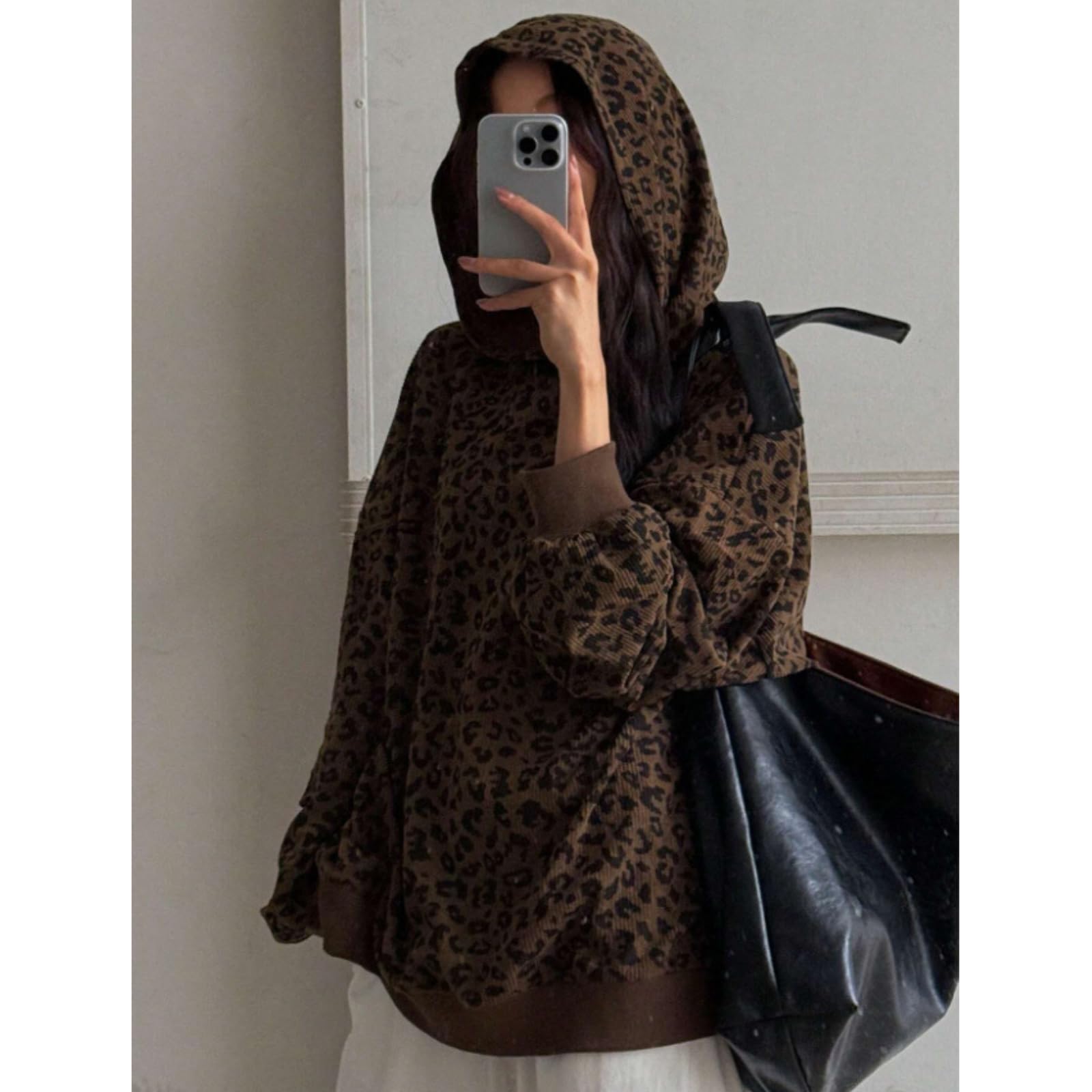 Generisch Damska bluza z kapturem ze wzorem w panterkę, oversize, luźna, z długim rękawem, prążkowana dzianina, okrągły dekolt