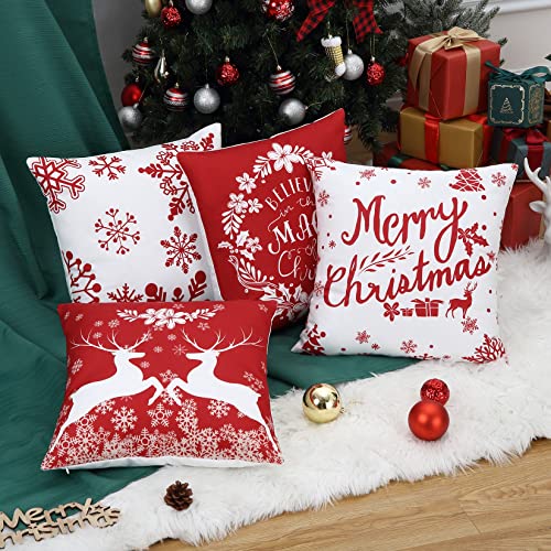 CAROMIO Weihnachtskissenbezüge 45 x 45 cm Weihnachtsdekorationen Samtkissenbezüge Kissenhülle 4 Stück Kissenbezug für Sofa Büro Rot und Weiß Cover