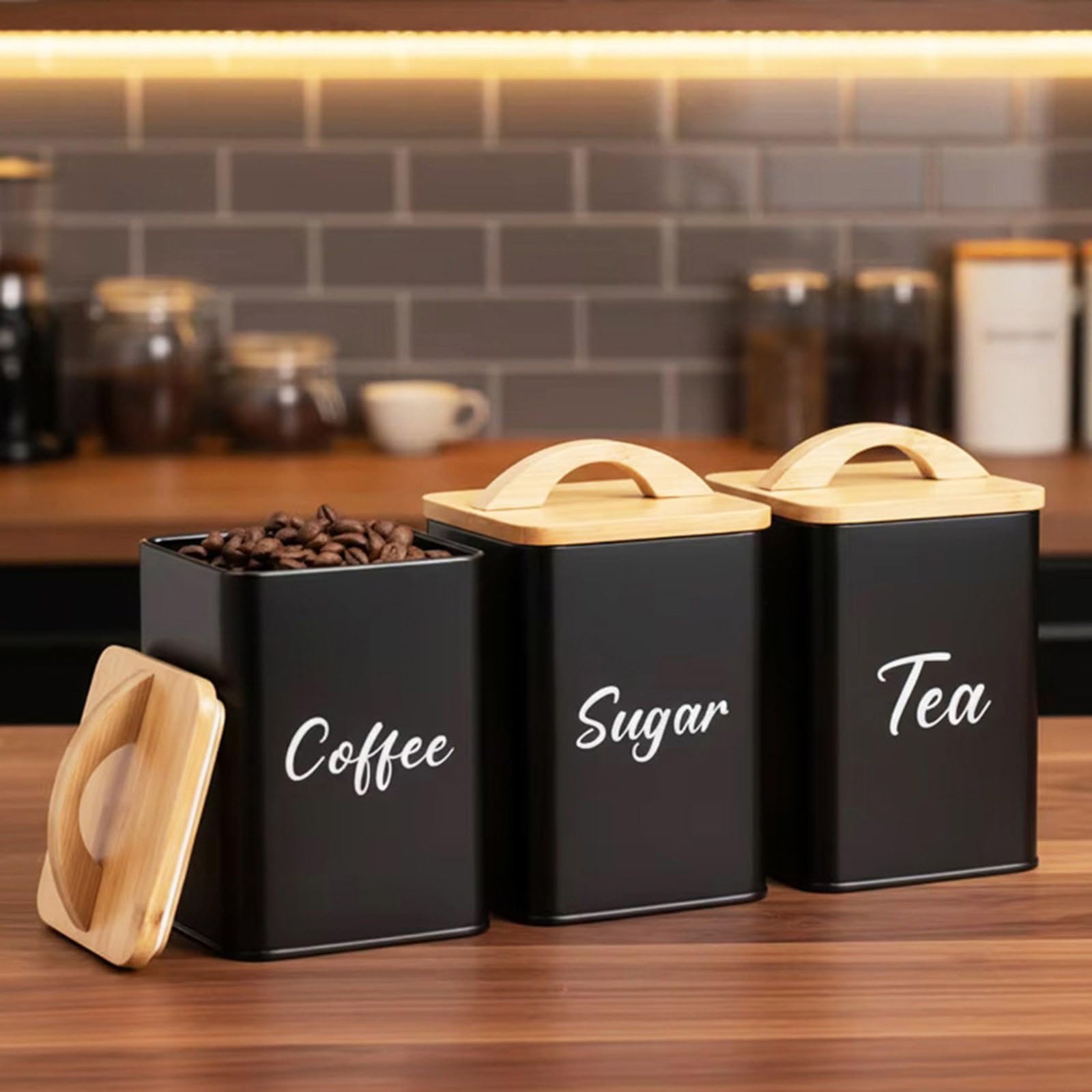 Frischhaltedosen aus natürlichem Holz und Metall, für die Organisation von Kaffee, Tee, Zucker, Brot in modernen Haushalten, Kaffee, Tee, Zucker, Brot, 4 Stück