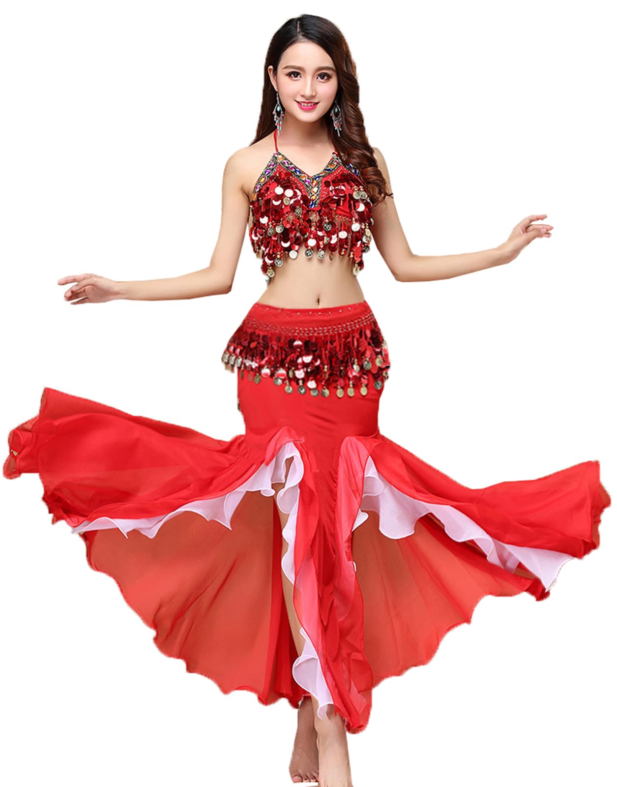 ORIDOOR Women's Belly Dance Dress Set - Red, One Size - Bra Top, Waist Belt, Chiffon Skirt - 35.5