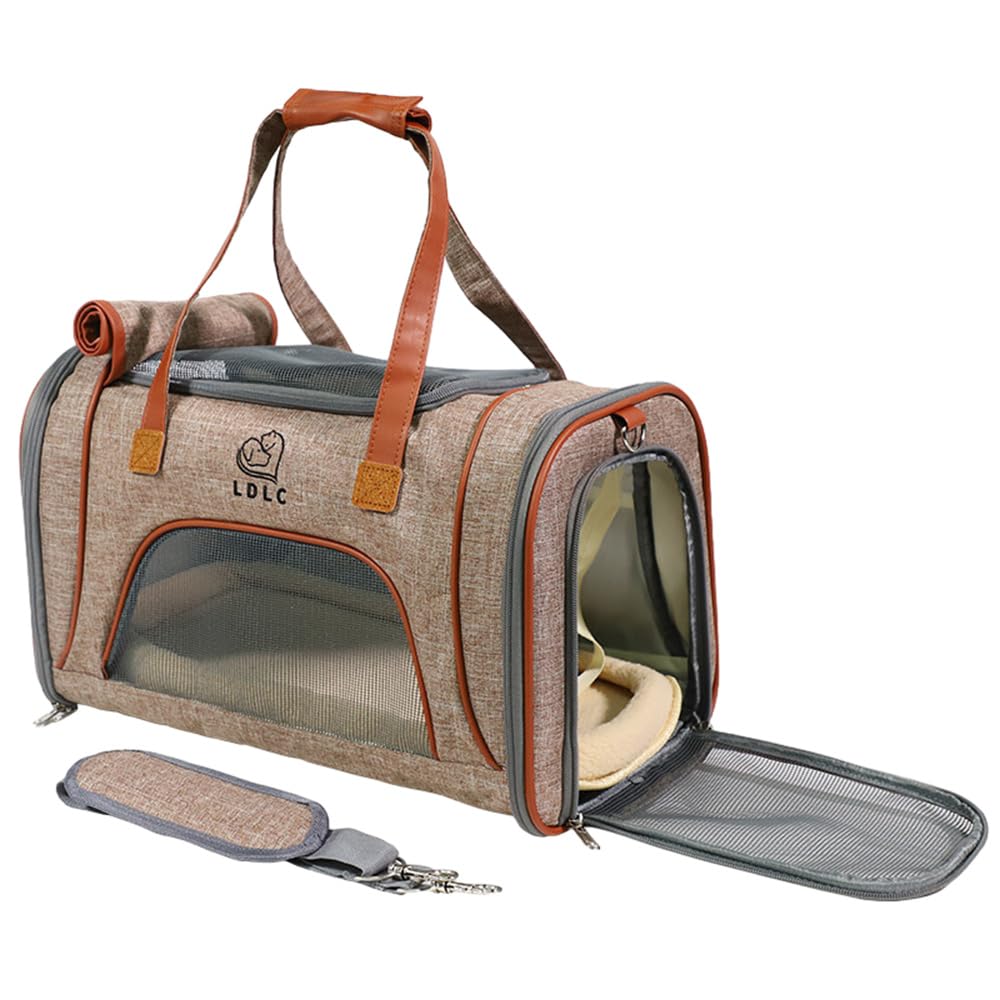 Transportin Gato Perro Pequeño, Bolsa Transporte Mascotas Transportin Gato Plegable Transpirable Duradera Bolsa de Transporte para Cachorros y Gatitos, Viaje, Paseo (46x26x28cm,Marrón Claro)