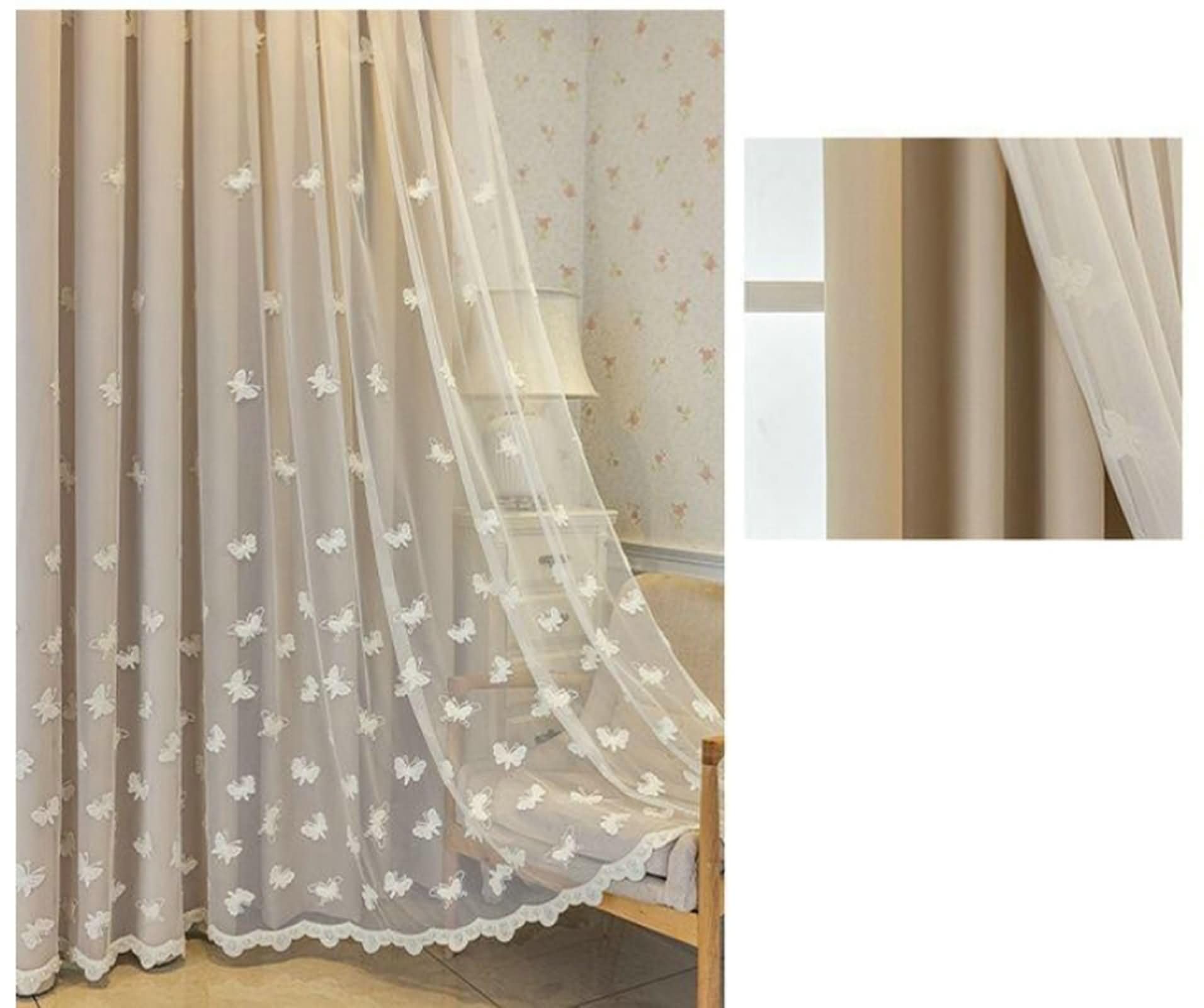 Tende Interno con Occhielli, 2 x 102W x 160H CM,Tende Salotto Oscuranti Due Pannelli Doppio Strato con Ricamo a Farfalla Tenda Moderne Beige