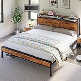 AMERLIFE King Size Bed Frame Industrial Platform Bed with Charging Station, 2-Tier Storage Headboard/No Box Spring Needed/Noise-Free/Dark Brown