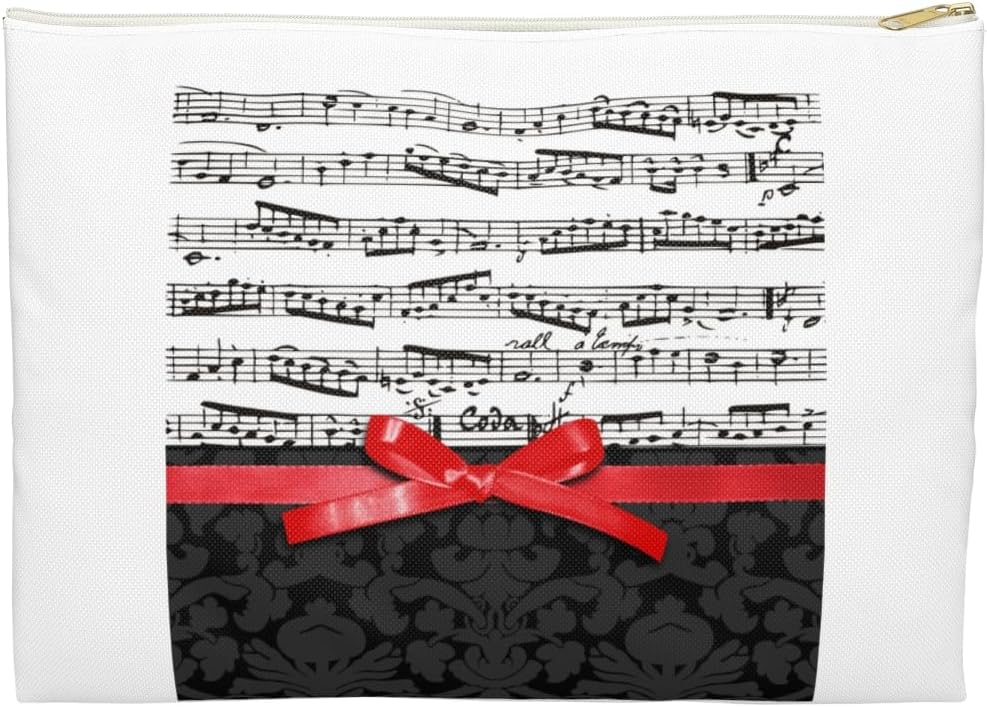 3dRose Black and white musical notes with 2D red ribbon bow graphic - piano sheet music - musician gifts Accessory Pouch Small