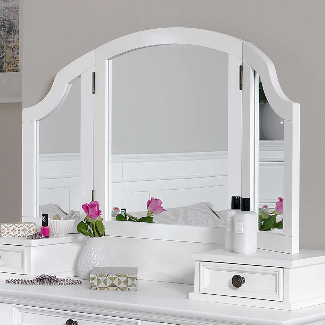 Statement Furniture White Gainsborough Dressing Table Mirror, 3-Way Angle Adjustable, Arched Top, Wooden Frame, Large Mirror, 105.5Cm W X 60Cm H X 2Cm D