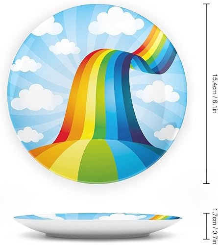 Miniatura 9 de XISUNYA Plato decorativo de 6 pulgadas, plato de cerámica arcoíris, pluma de arco iris dibujada en arte impreso, placa de exhibición para cenas