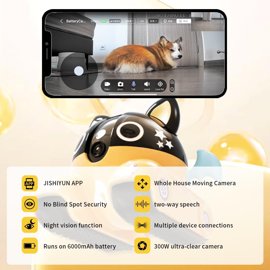 1080P Videocamera di Sorveglianza Interno Robot Telecamera for Animali in Movimento con Ruote Possono Muoversi, Visione Notturna, Acesso Remoto, Audio a 2 Vie(White)