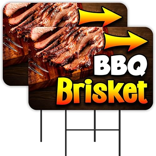 BBQ Brisket - Paquete de 2 carteles para patio de 16 x 24 pulgadas, impresión de doble cara, con estacas de metal fabricadas en los Estados Unidos