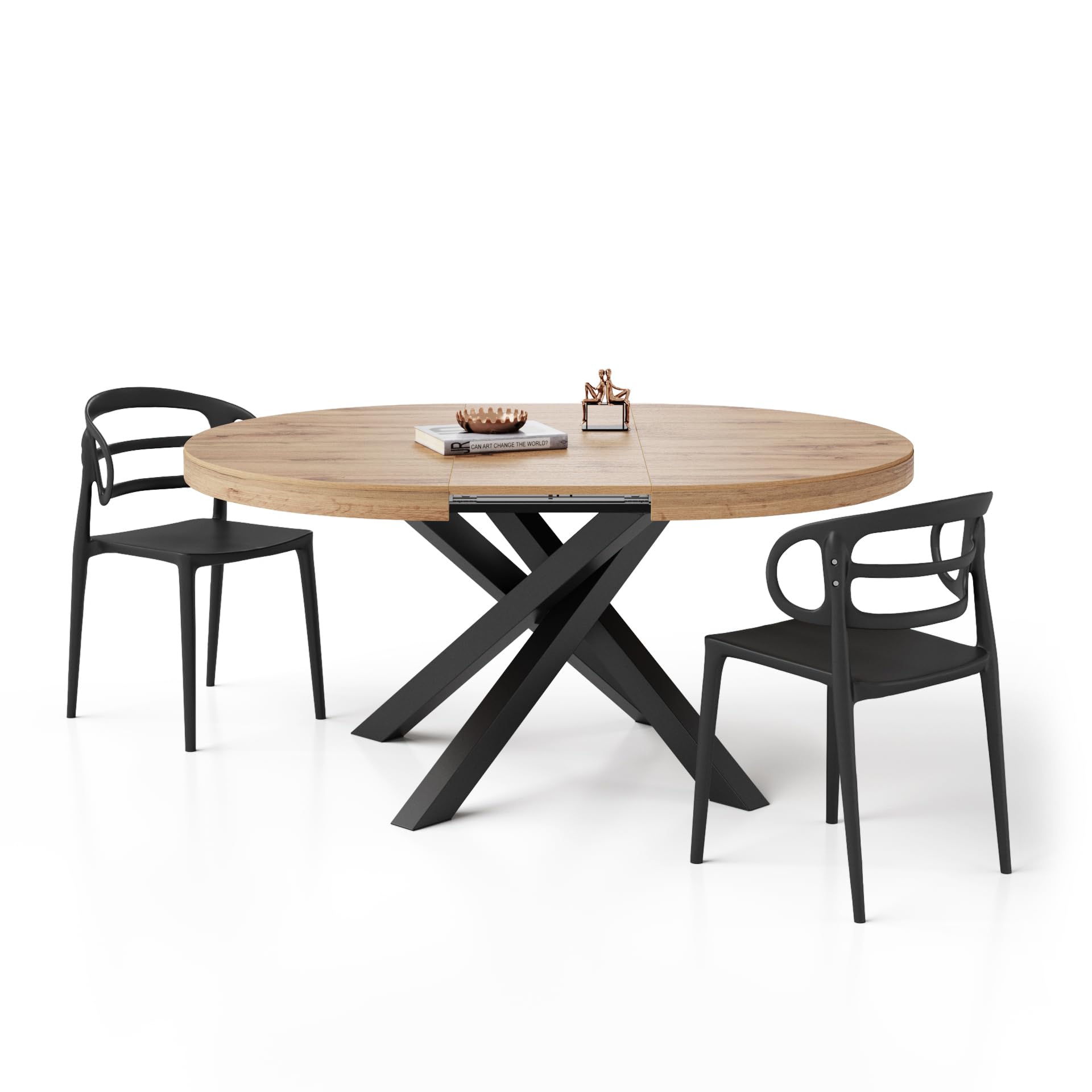 Mobili Fiver, Tavolo Allungabile Rotondo Emma, 120-​160 cm, Rovere Rustico con gambe Incrociate Nere, per 4-​6 persone, Tavolo Cucina, Soggiorno, Made in Italy