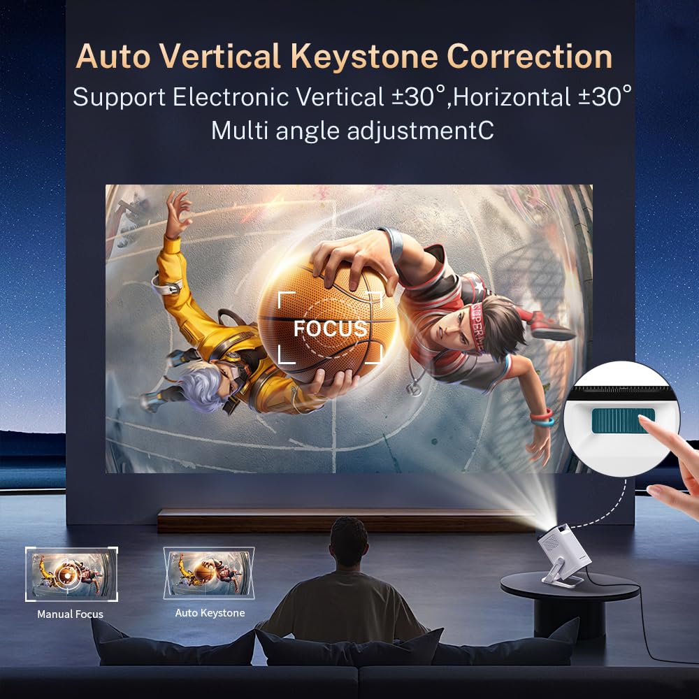 Mini Portable Vidéoprojecteur Compatible 4K, Video Projecteur Contrôle App | Android 14 Smart Rétroprojecteur, Auto Keystone Courte Focale Projecteur WiFi6&Bluetooth5.4 Compatibile avec HDMI/USB, Blanc