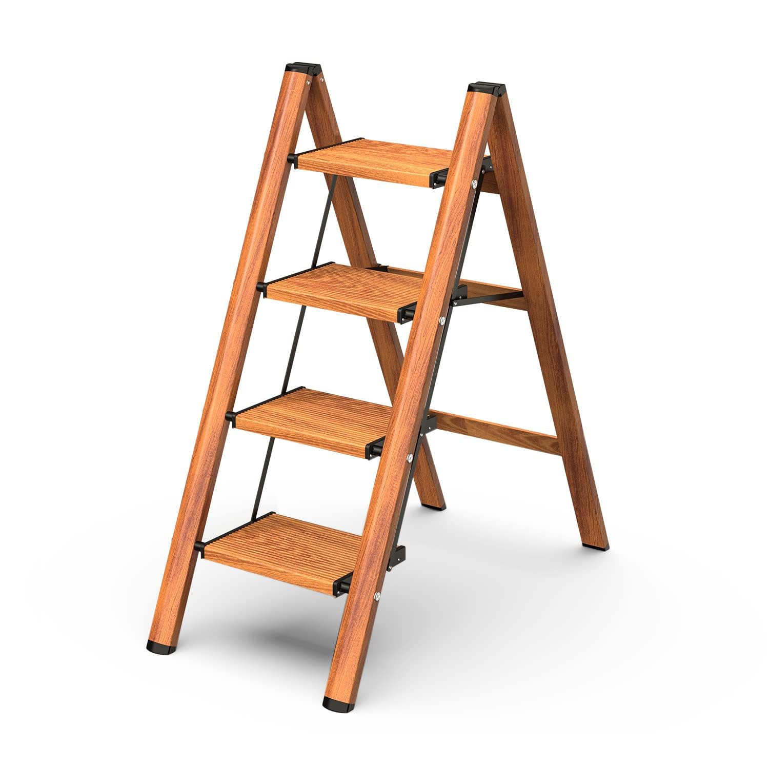 GameGem 4 Step Ladder, Folding Step Stool with Anti-Slip Wide Pedal, Aluminum Material Lightweight yet Sturdy, 150KG Load, Cute Modern Apperance for Indoor Household Spaces, Woodgrain