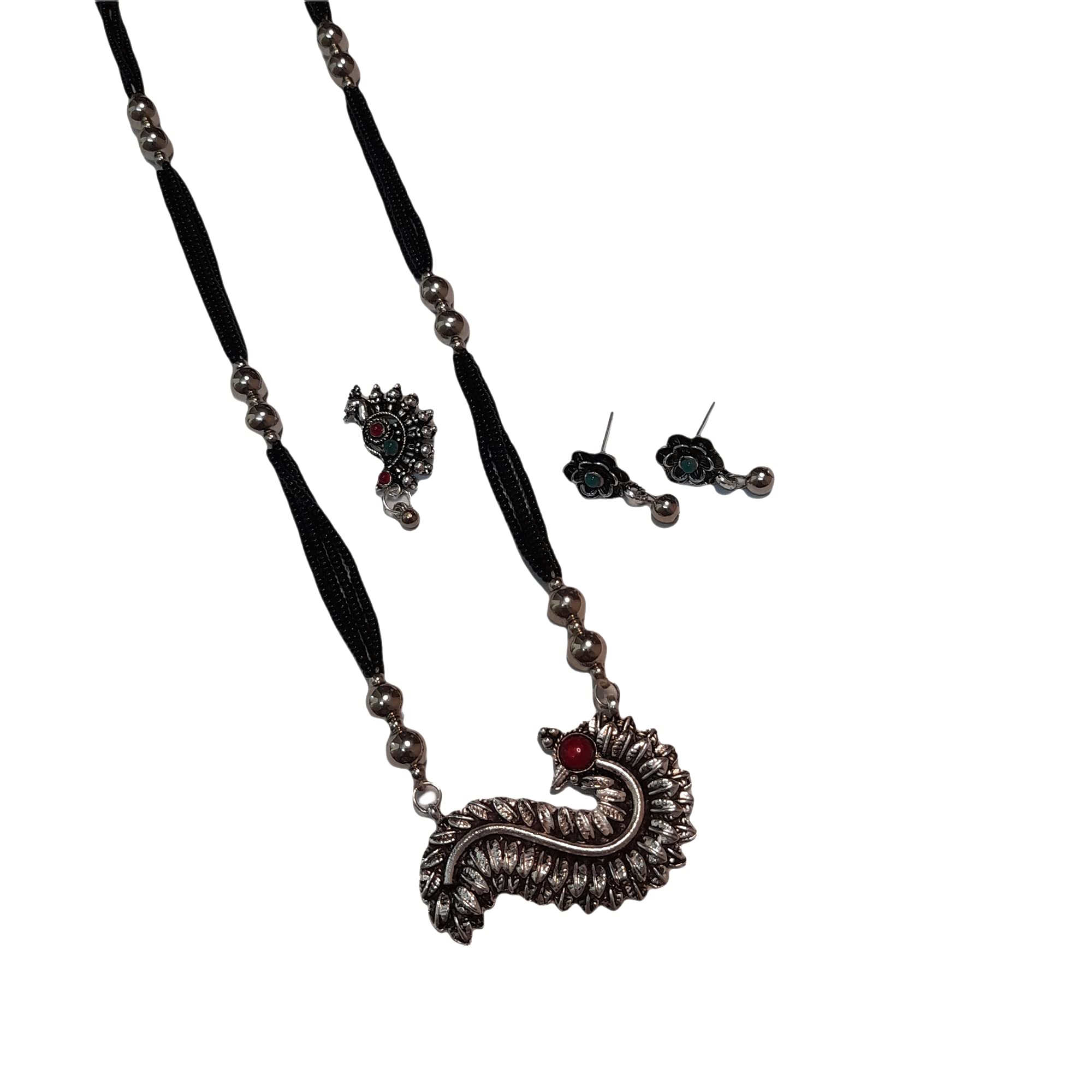 Silver Plated Black Beads 30 inch Long Oxidised Designer White Metal Women Mangalsutra with Earring Nosepin Combo Jewellery Set-Slvr Feather Mngl (B09H33KB3M) Amazon Price History, Amazon Price Tracker
