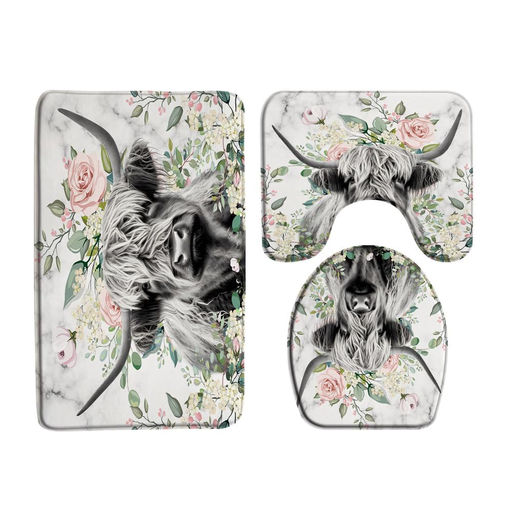 Sunhe 3 Piece Farmhouse Highland Cow Bath Mat Set Western Funny Farm Animal Portrait of Longhorn Bull Pink Floral Rustic 16x24 Inches Bathroom Doormat