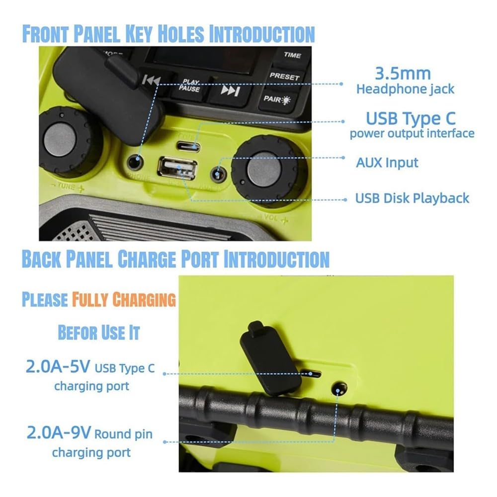 Radio Portátil para Exteriores, Radio Bluetooth Portátil, Radio Despertador FM Impermeable IP66 con Luces LED para Pesca, Fiesta y Camping.