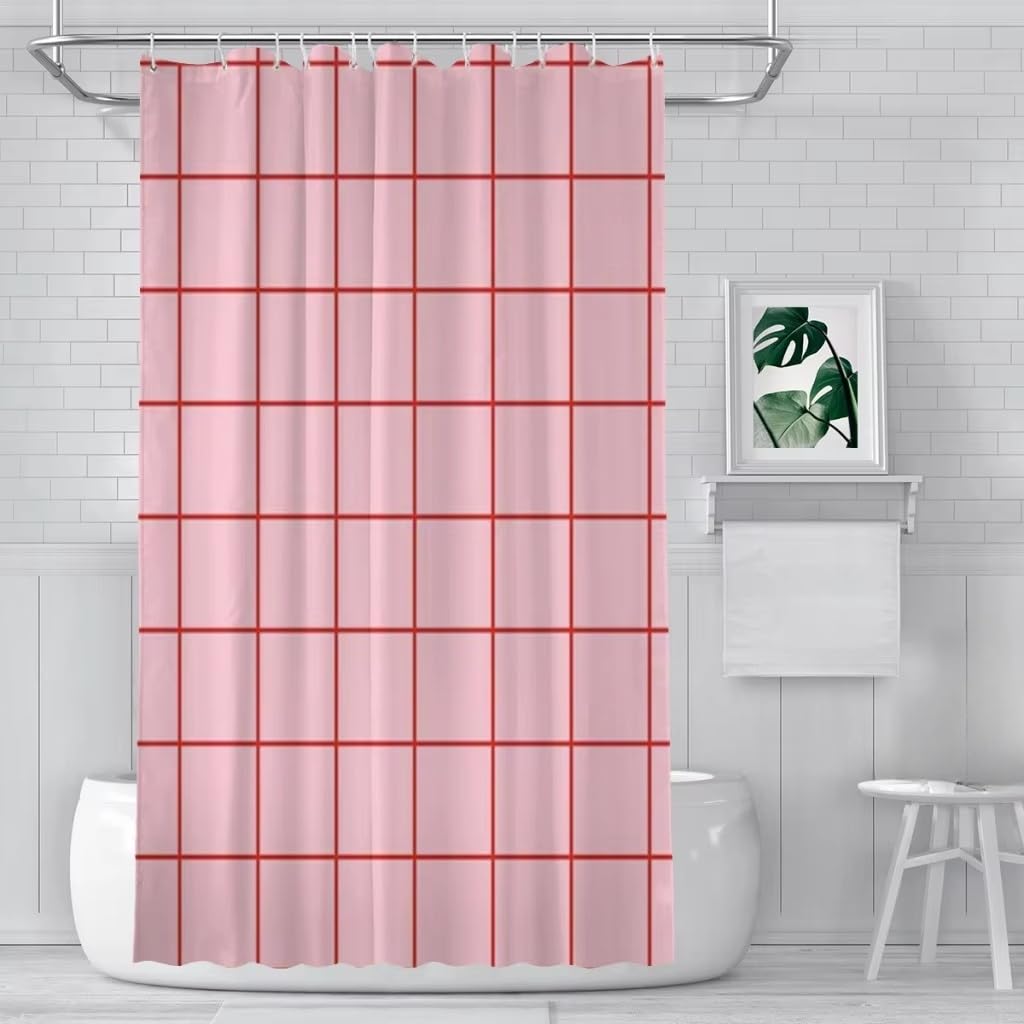 Cortina de Ducha 200x200 Estampado de Cuadros,Moderna Cortina de Baño con Cuadrícula Geométrica Rosa,Impermeable,Duradera y Lavable a Máquina para Baños,Duchas y Bañeras. 200Anx200Al cm (1 Pa