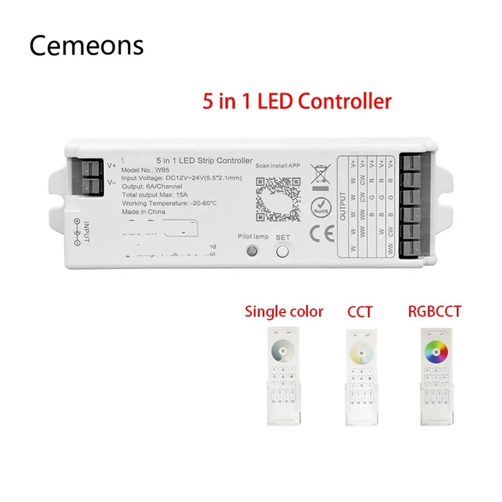Kontroler LED WB5 5 w 1 2,4 GHz RGBCCT zdalnego sterowania do jednokolorowych taśm LED RGBW z podwójnym białym światłem (zestaw RGBCCT)