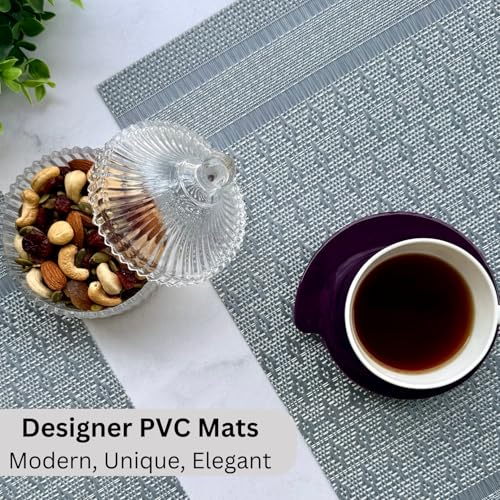Image of Livmodern Premium PVC Dining Table Mats for 6 Seater| Woven PVC Placemats | Heat Resistant & Anti Skid Table Mats| Wipeable & Washable Set of 6-Grey Weave