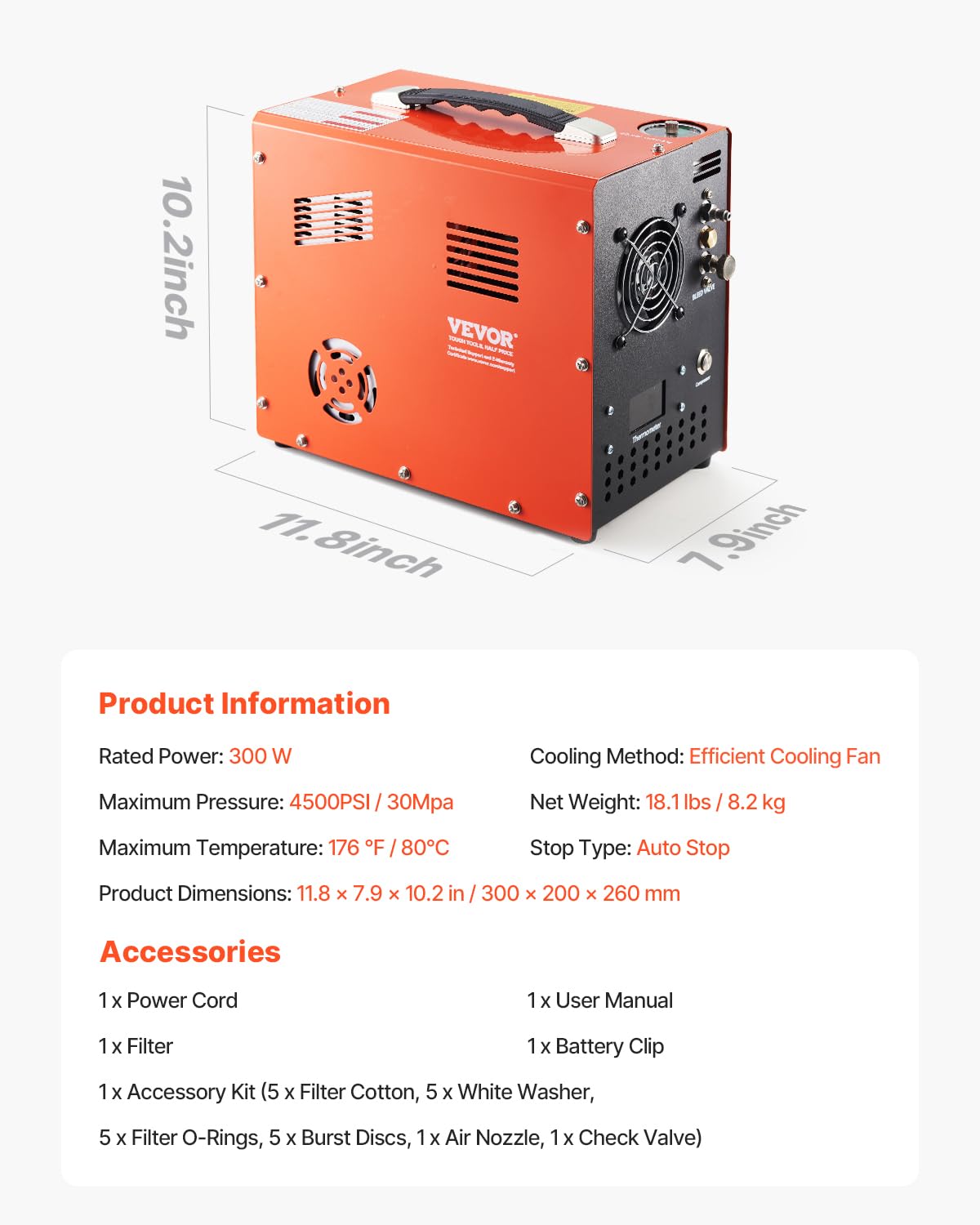 VEVOR Compresseur d'air PCP, 300 W 30 MPa, avec convertisseur intégré et système de refroidissement par ventilateur, arrêt automatique, pompe de réservoir de paintball sans huile pour pistolet à air