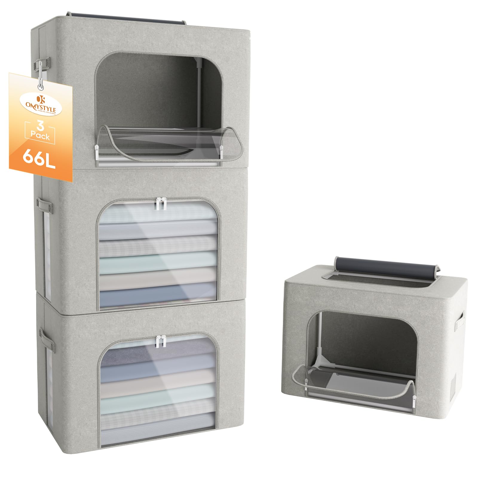 66L Large Capacity Clothes Storage Bag Organizer 3 Pack with Frame Oxford Fabric for Comforters, Blankets, Quilt, Stackable Foldable Closet Storage Containers with Zipper, Clear Window - Beige Gray