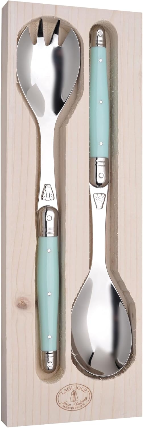 Jean Dubost Salad Servers, Turquoise Handles - Rust-Resistant Stainless Steel - Includes Wooden Tray - Made in France