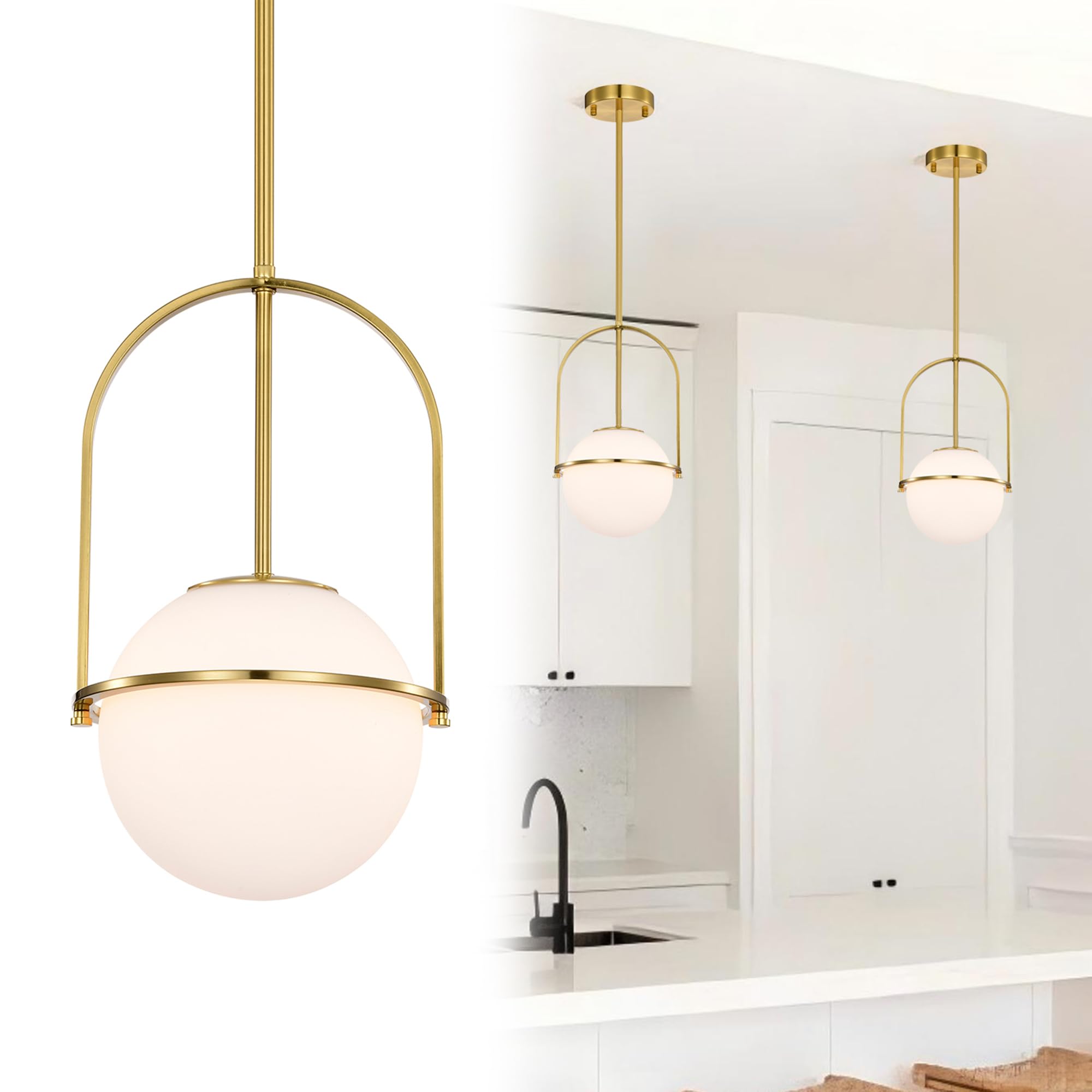 Gold Pendant Light with 18cm Milk Glass Globe, Adjustable Gold Ceiling Lights Mid Century Pendant Light for Kitchen Island, Bedroom, E14