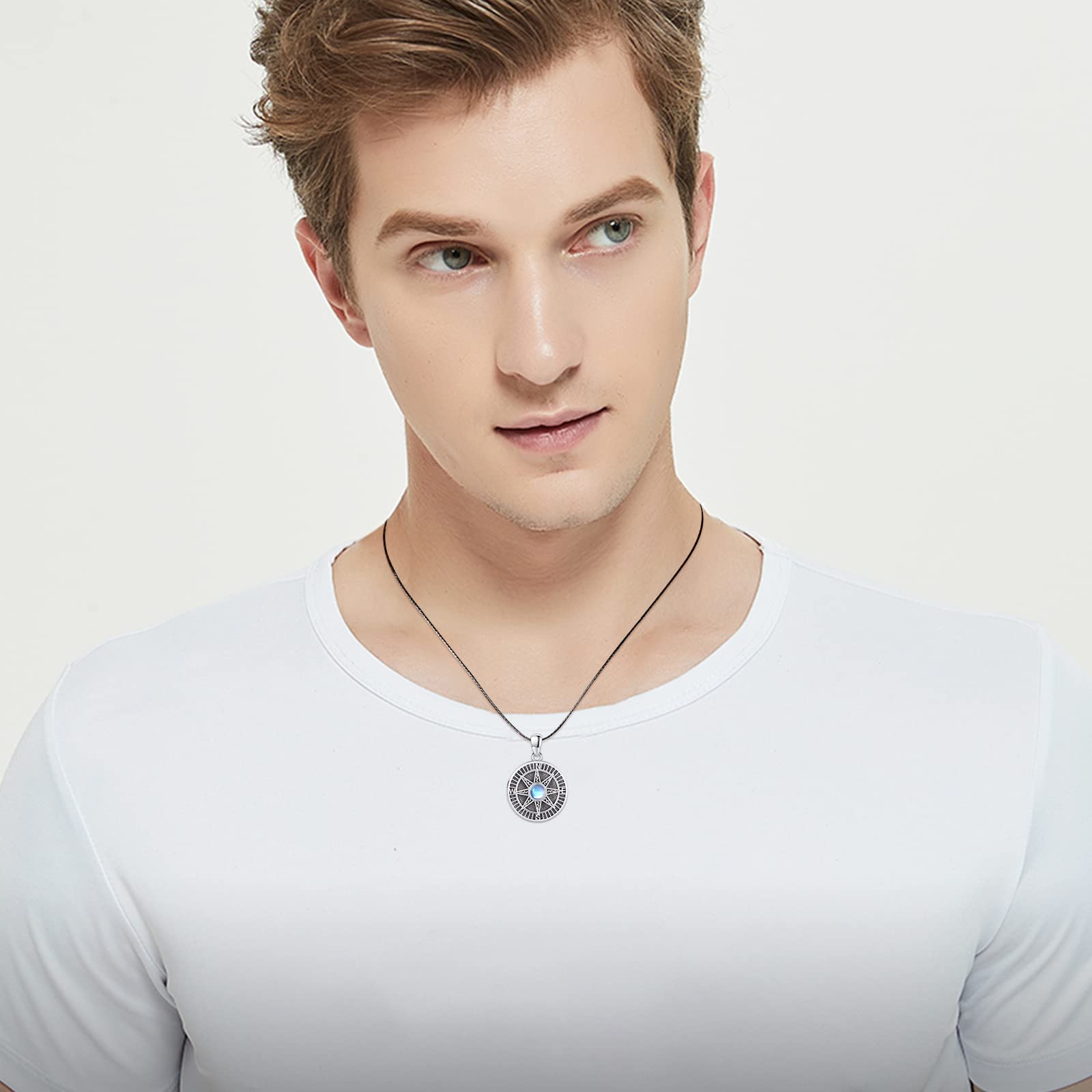 REDSUN Kompass Medaillon Halskette 925 Sterling Silber Mondstein Kette Keltisches Knoten Foto Medaillon Amulett Medallion mit Foto Kompass Schmuck für Herren Sohn Jungen Damen Geschenke