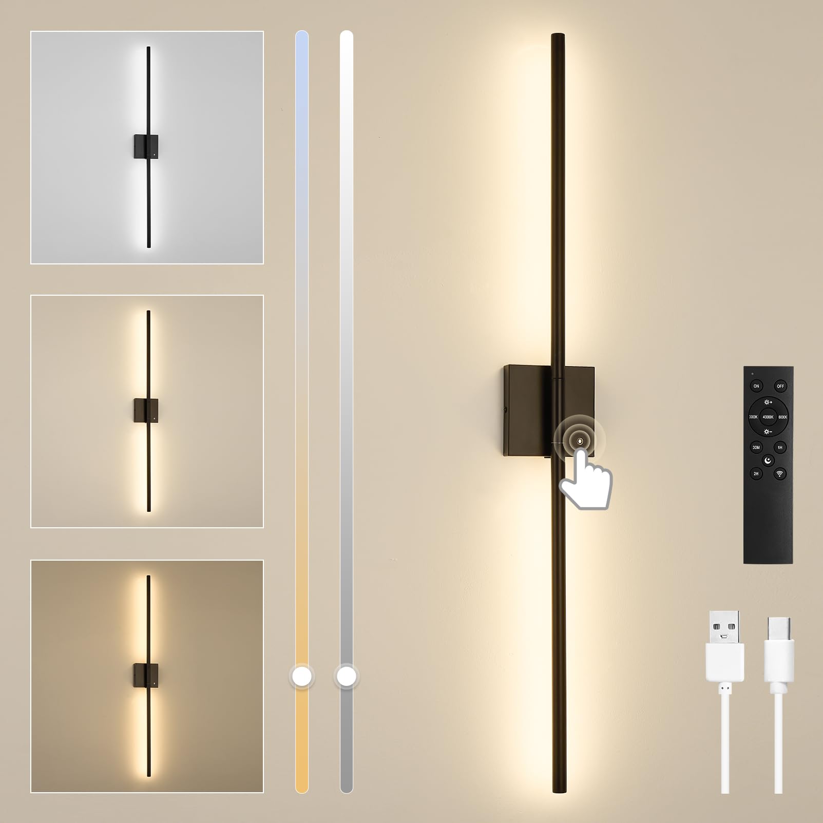 1 Paquete 100cm LED Aplique Pared Sin Cable, Interior USB Recargable LED Lámpara de Pared Regulable 3000K-6000K Lampara pared Interio con Control Remoto Para Dormitorio, Salón, Escalera