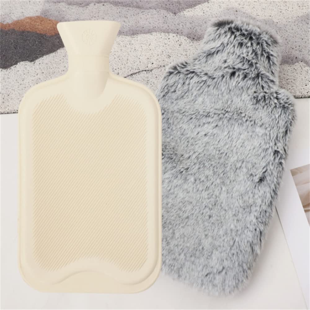 OhMill Rubber Hot Water Bottle with Soft Furry Cover 2 L Large for Pain Relief Feet Warmer Menstrual Cramps Neck and Shoulders Hot Compress and Cold Therapy (Light Grey)