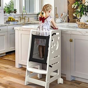 TOETOL Kids Kitchen Bamboo Step Stool with Keeper Toddler Standing Tower 3 Height Adjustable Helper Tower with Black White Activity