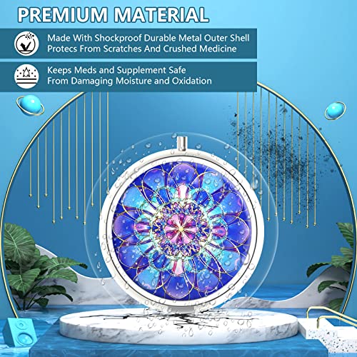 Image of Pill Box 3 Compartment Small Pill Case,Portable for Pocket or Purse Pill Organizer Pill Container Holder to Hold Vitamins, Medication, Fish Oil and Supplements(Mandala Navy Blue)